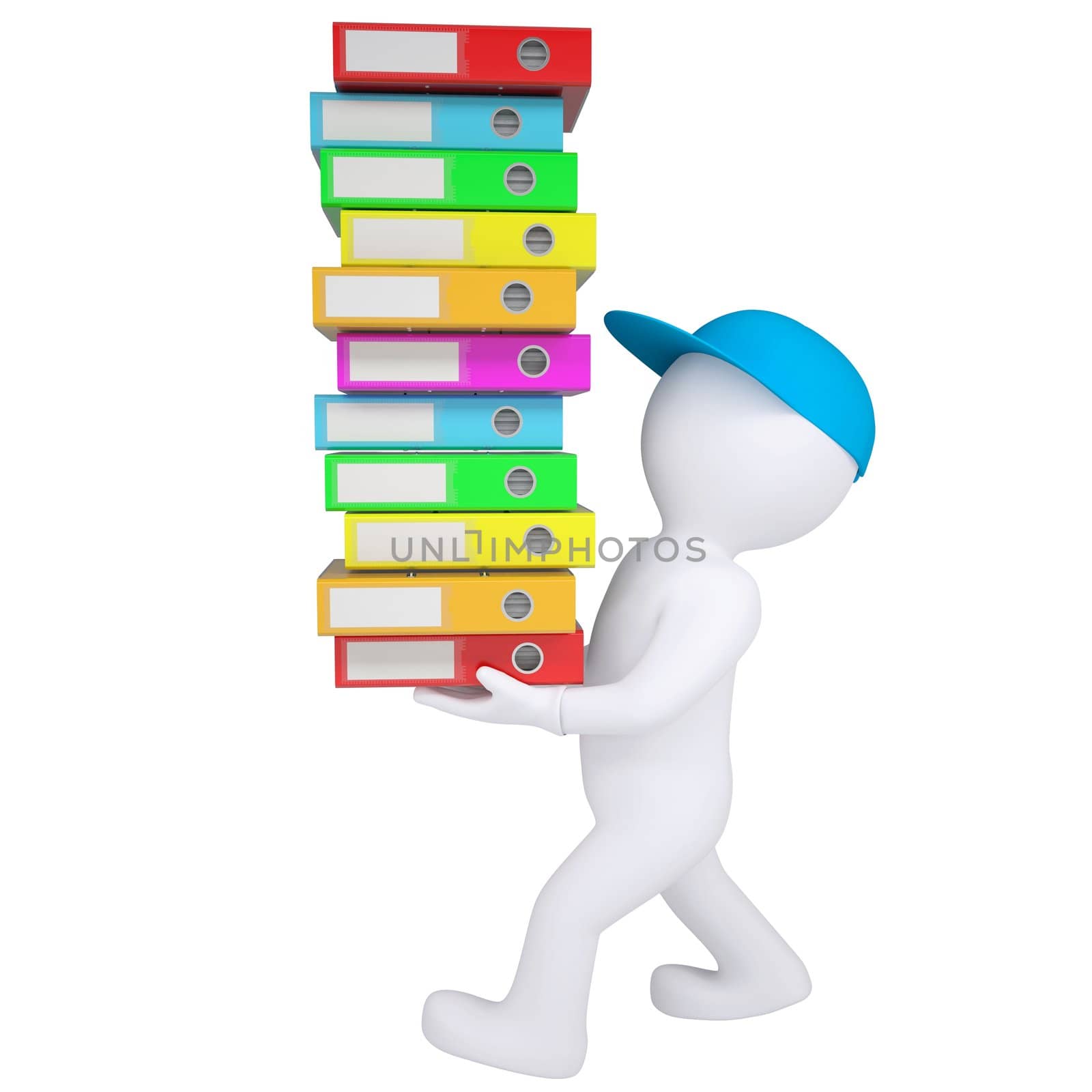 3d white man carries stack of office folders. Isolated render on a white background
