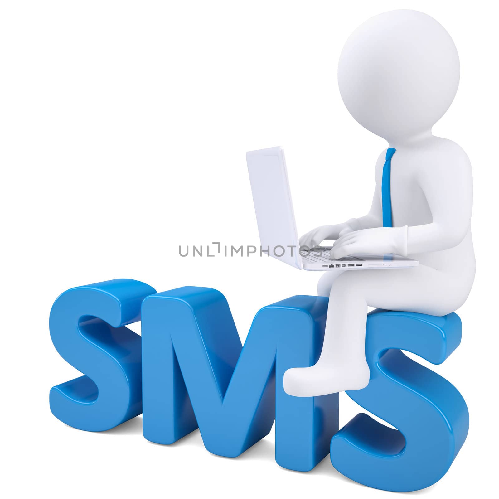 3d white man with a laptop sitting on the word SMS. Isolated render on a white background