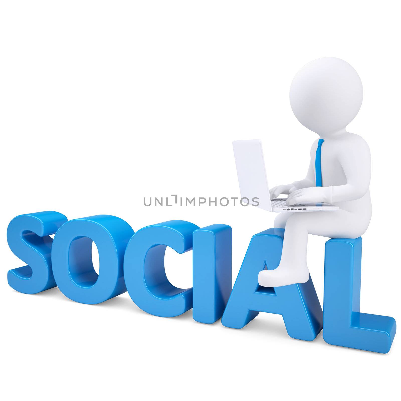 3d white man with laptop sitting on the word SOCIAL. Isolated render on a white background