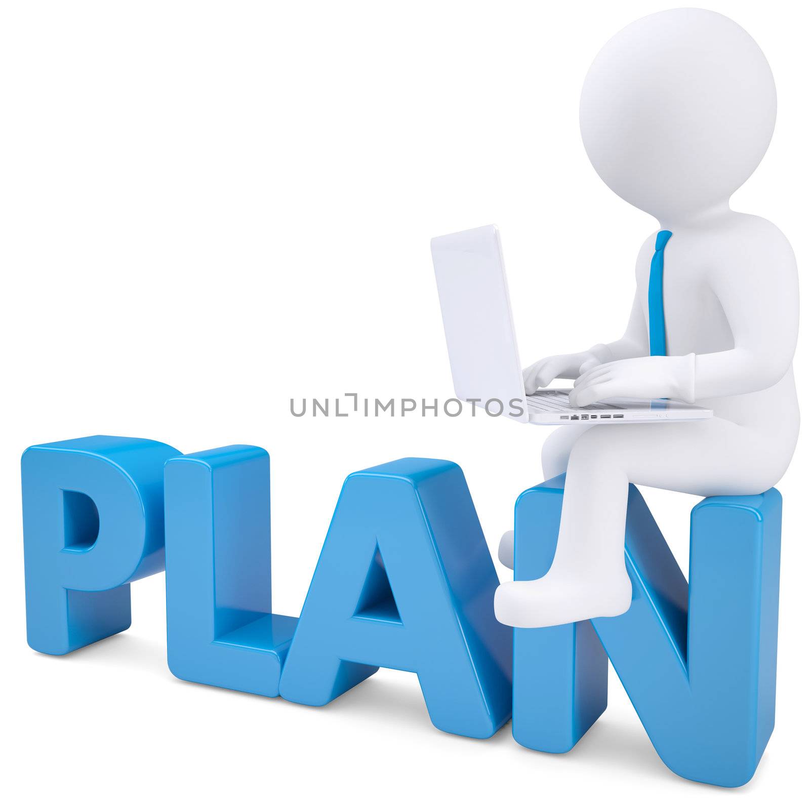 3d white man with laptop sitting on the word PLAN. Isolated render on a white background