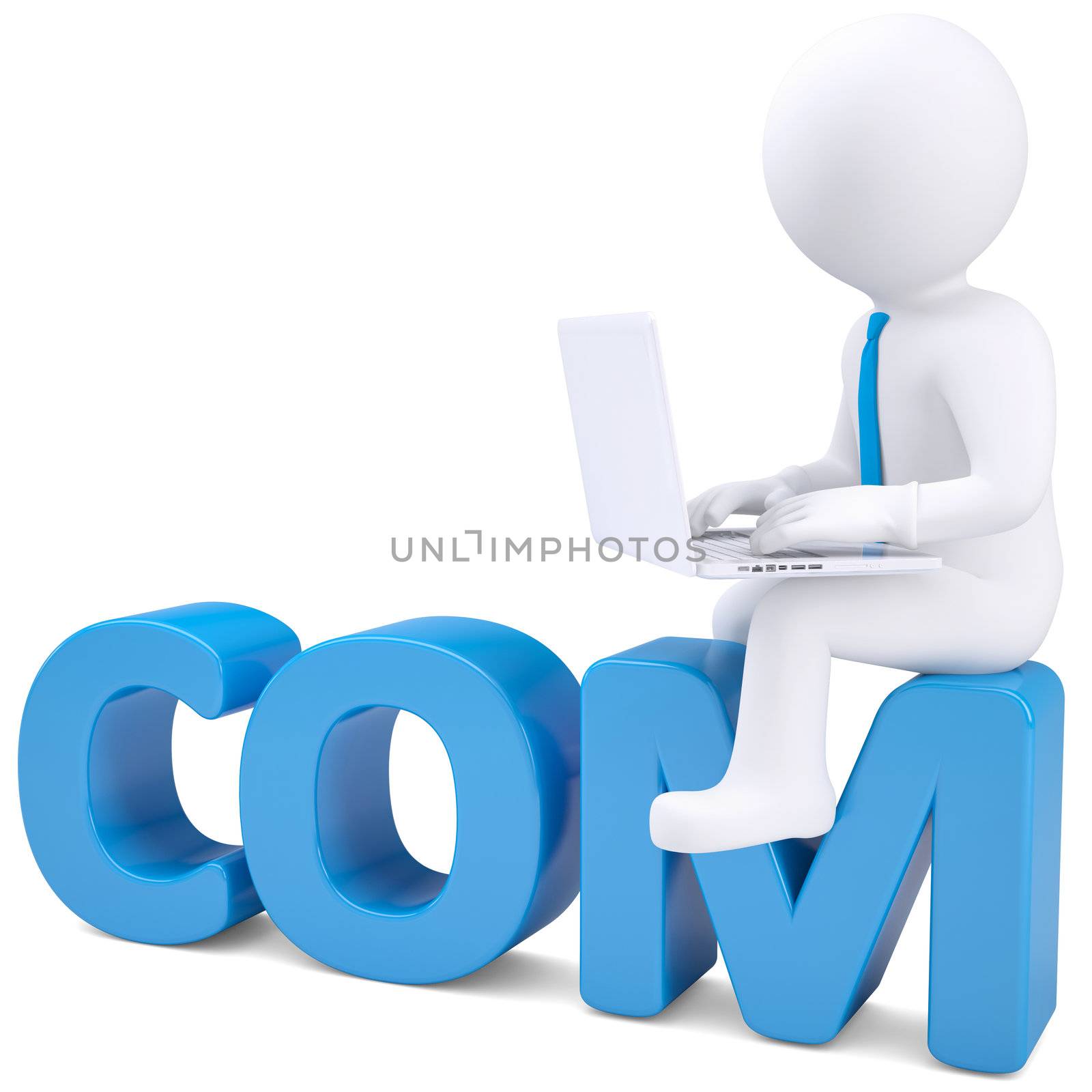 3d white man with laptop sitting on the word COM. Isolated render on a white background