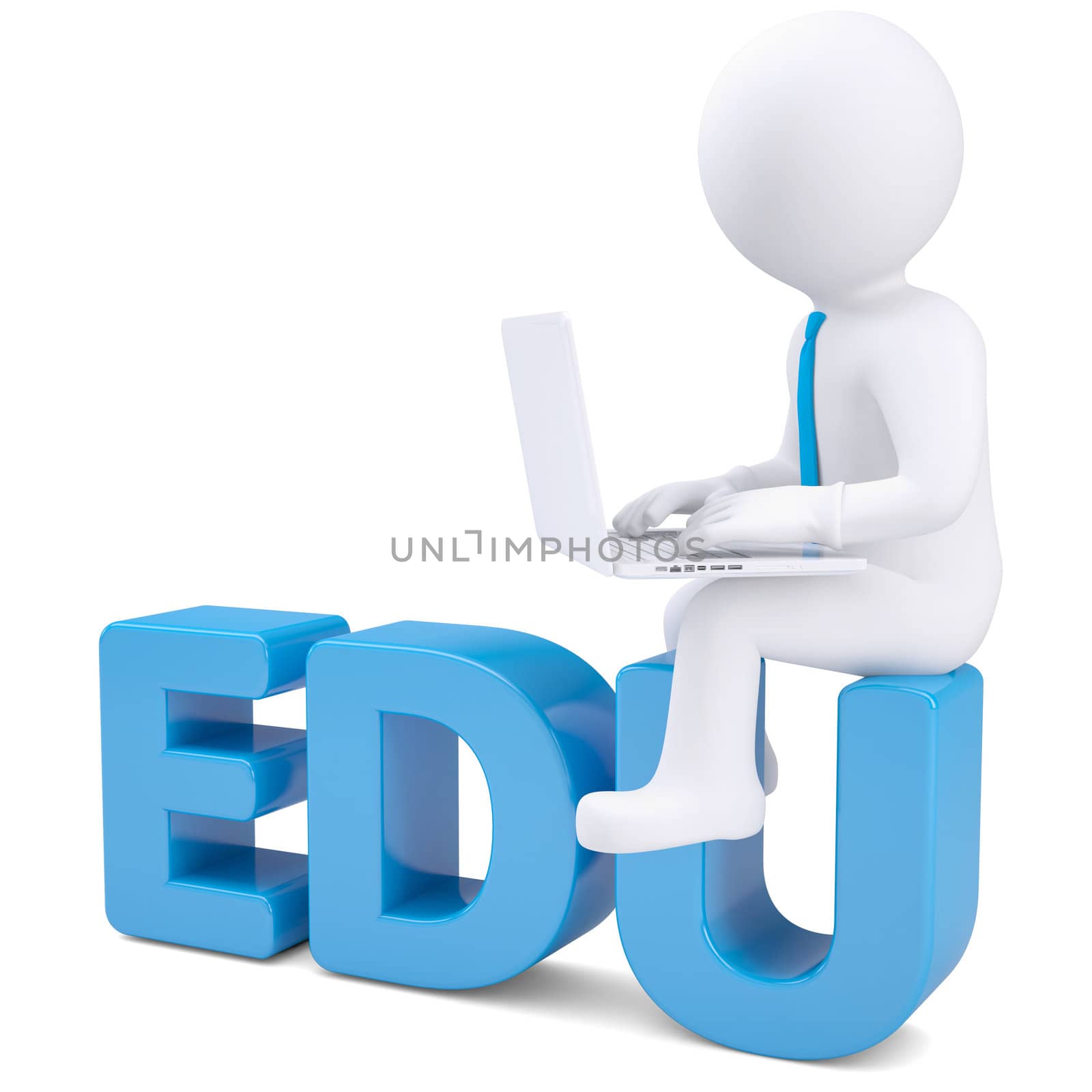 3d white man with laptop sitting on the word EDU. Isolated render on a white background