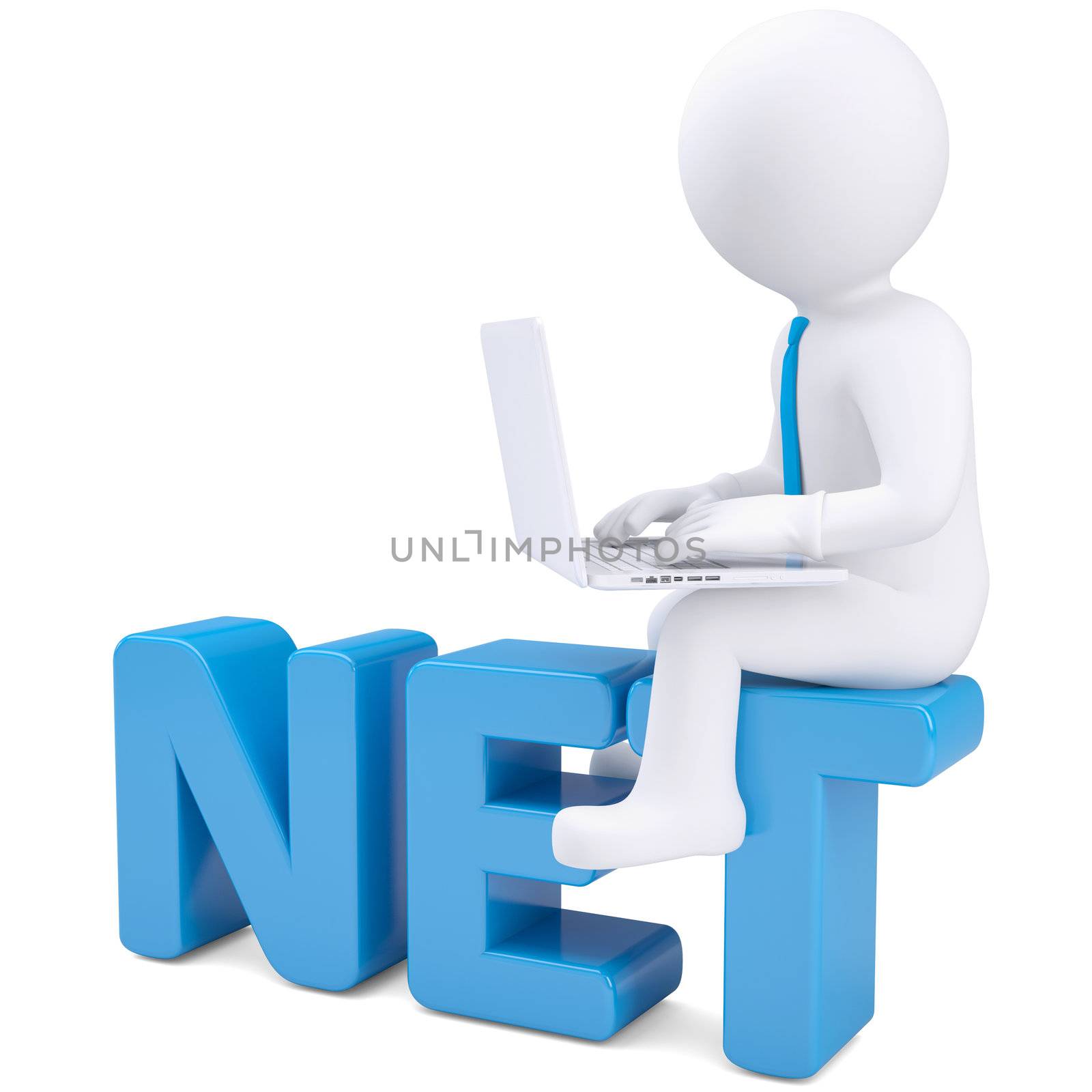 3d white man with laptop sitting on the word NET. Isolated render on a white background