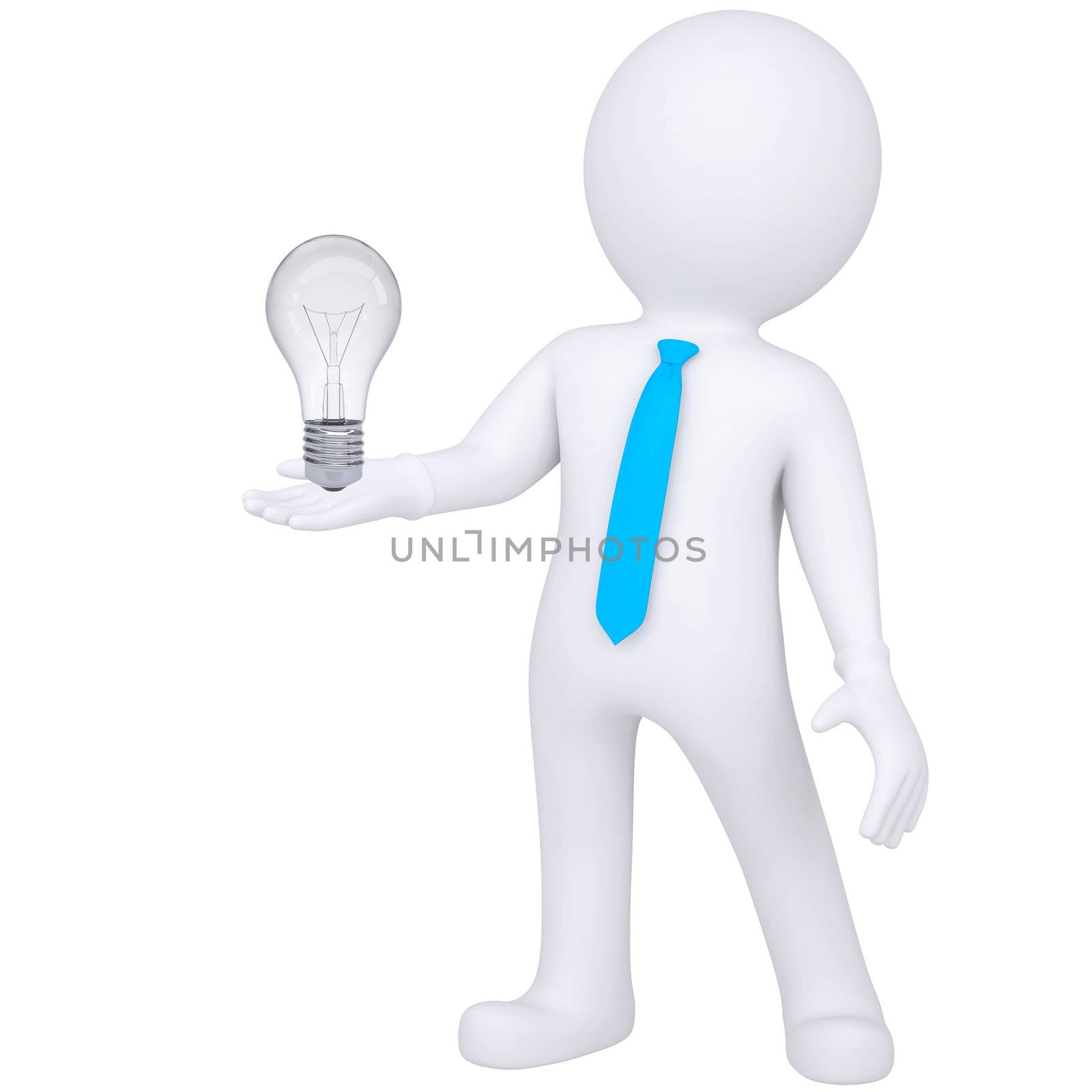 3d white man holding a light bulb. Isolated render on a white background