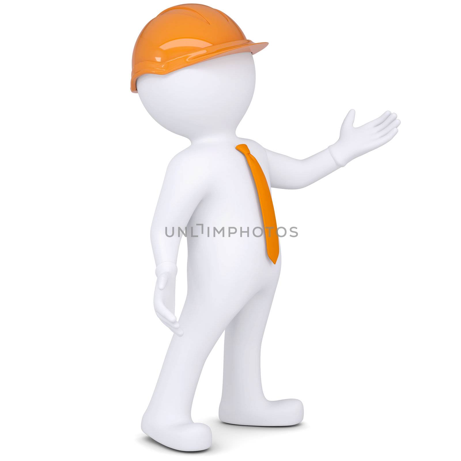 3d white man in helmet points hand. Isolated render on a white background