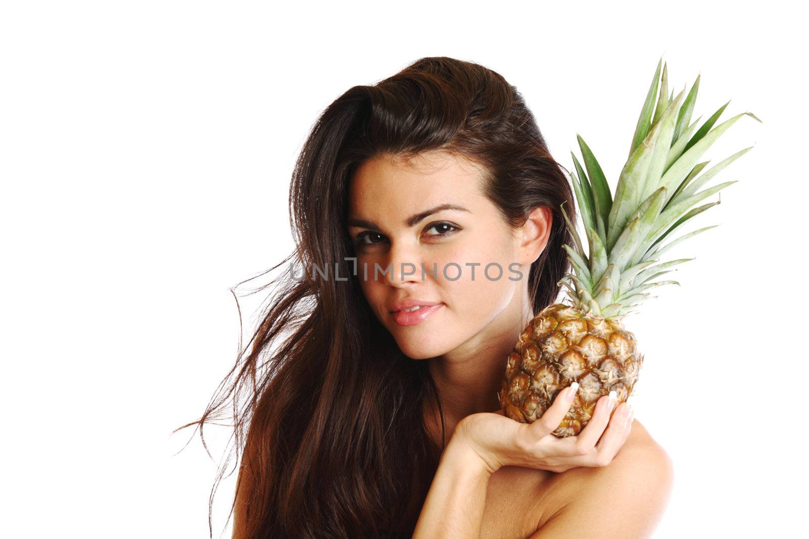  woman take pineapple in hands isolated on white