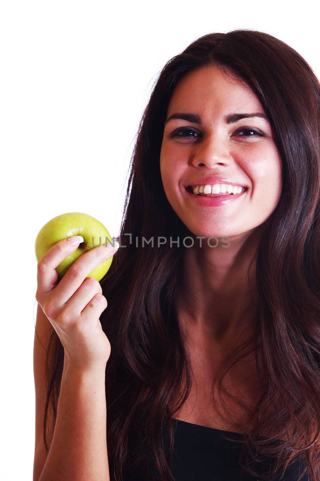 woman hold apple in hands isolated on white