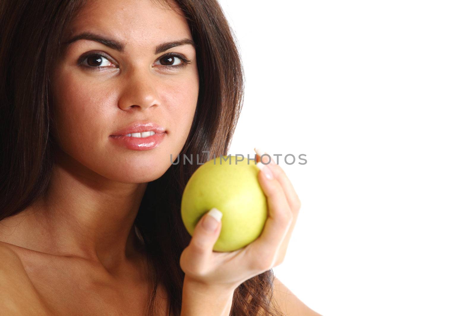 woman hold apple in hands isolated on white