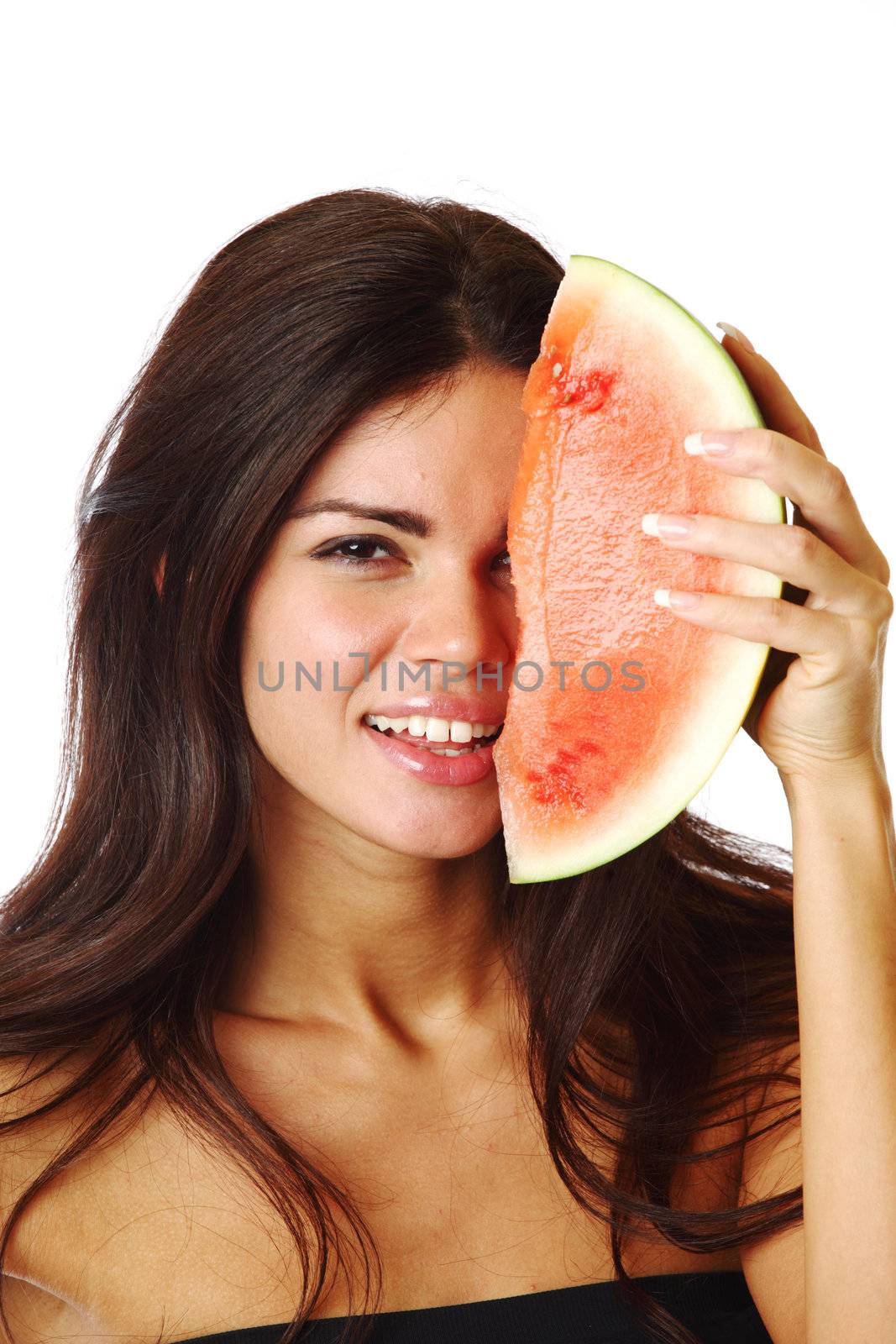  woman hold watermelon in hands isolated on white