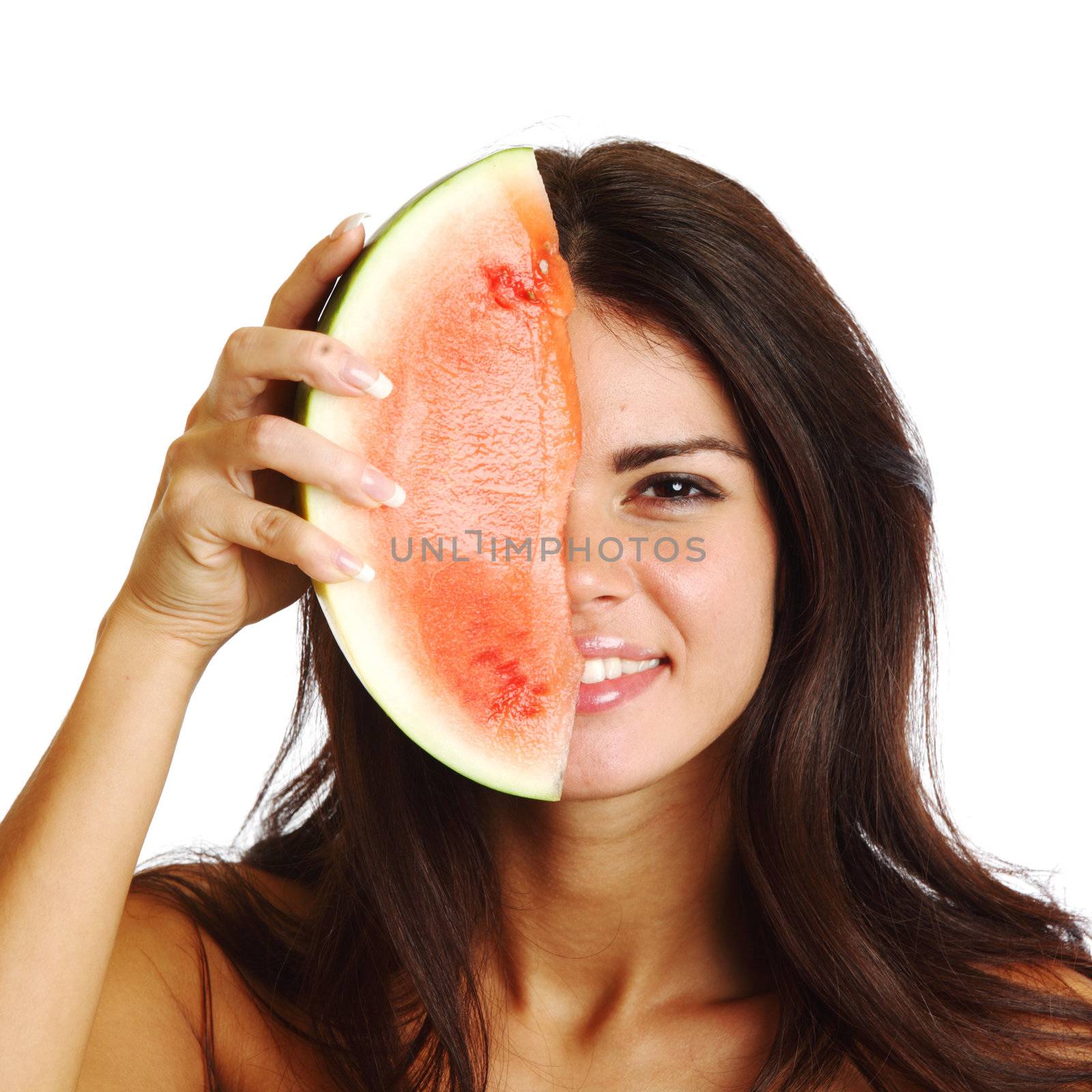  woman hold watermelon in hands isolated on white