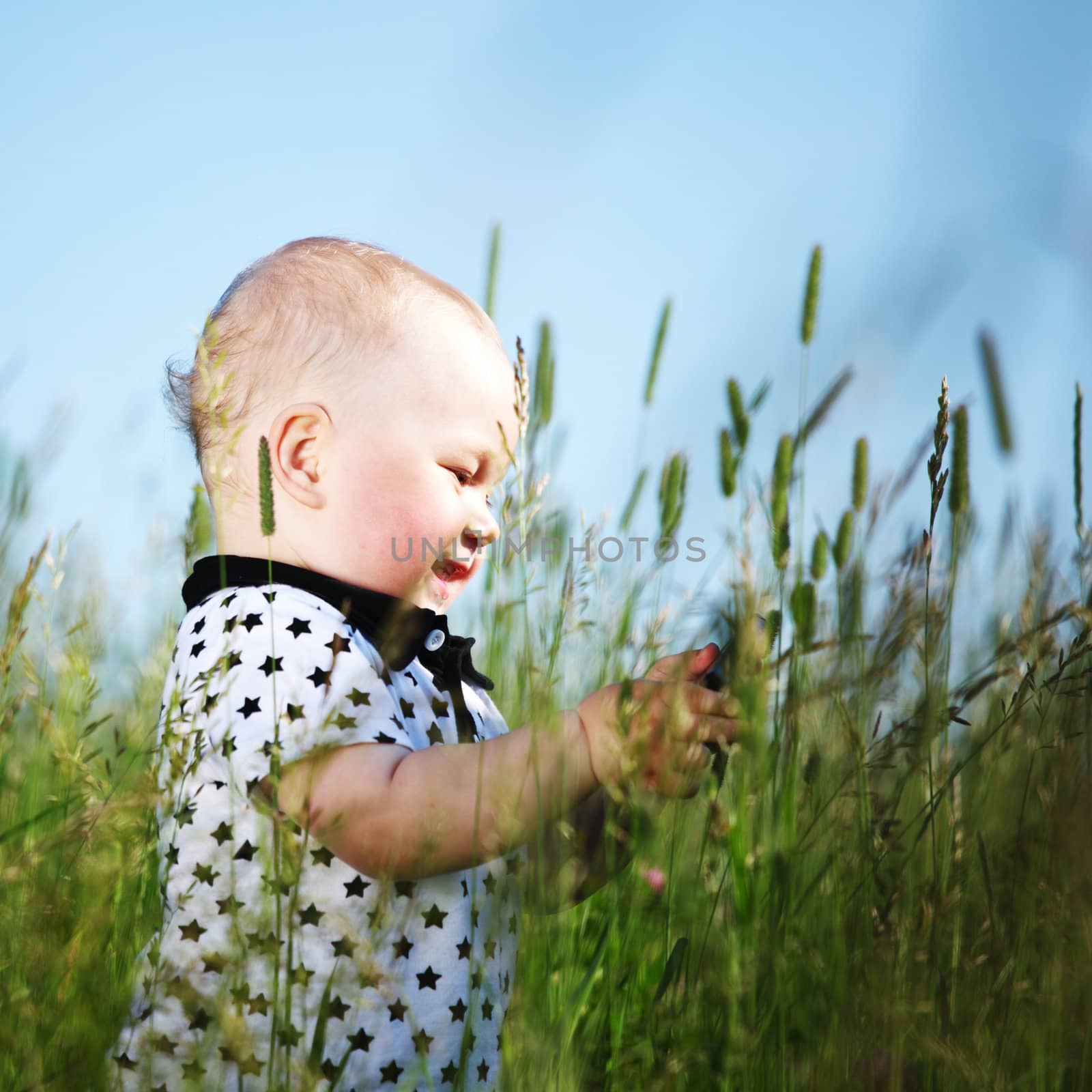 little boy in green grass call by phone