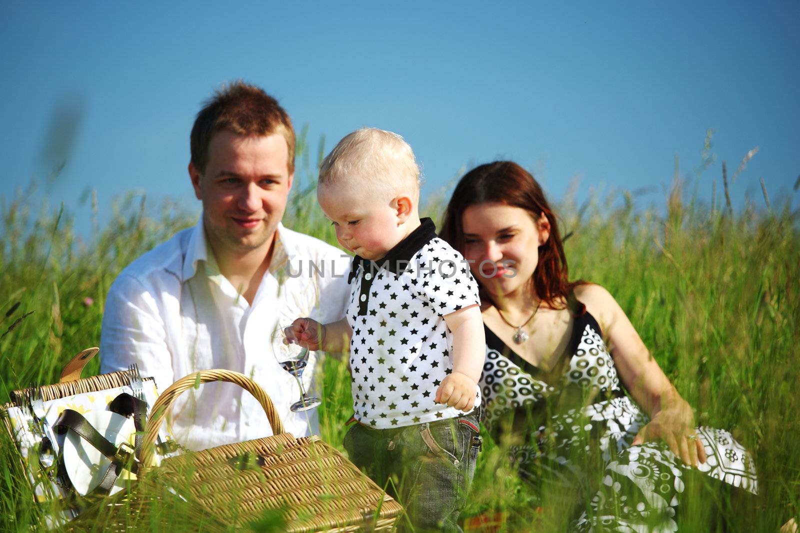  happy family on picnic in green grass