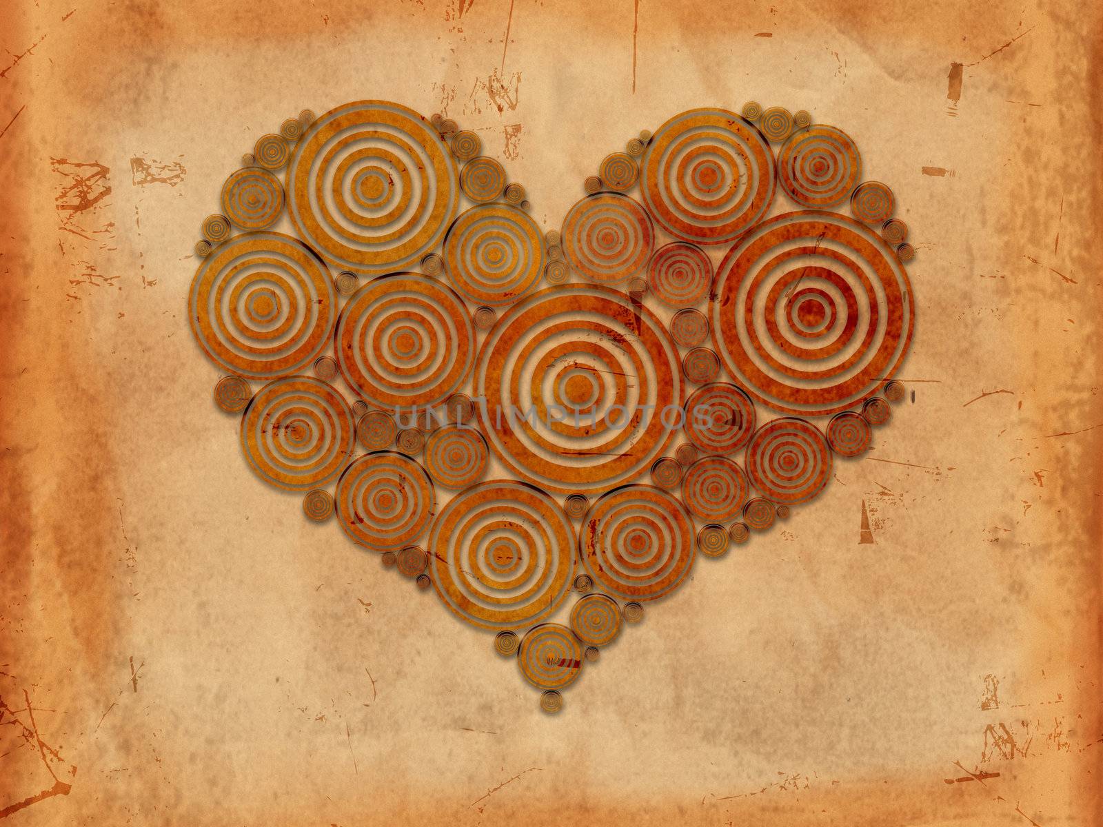 old paper background with heart of circles like tree rings