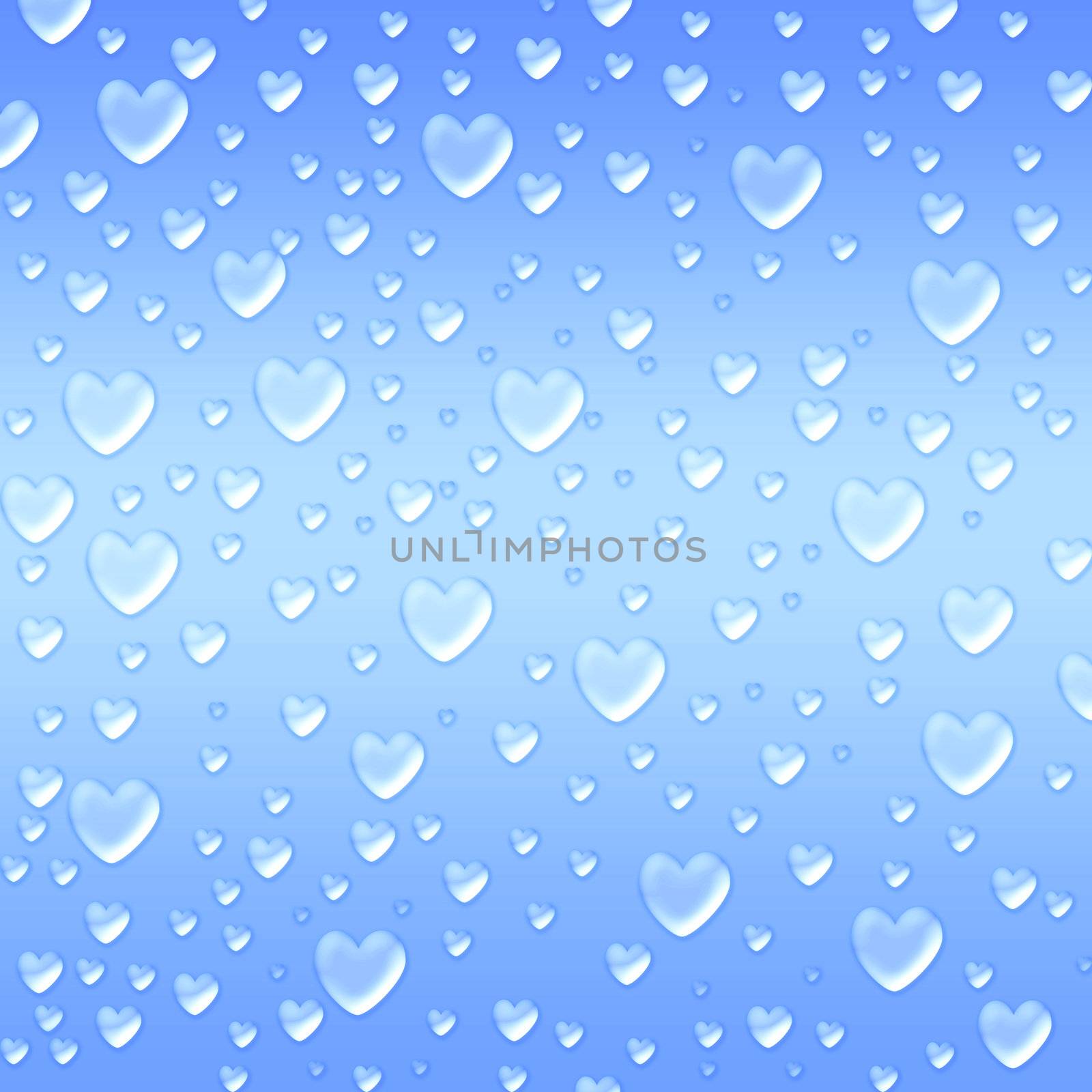 blue hearts like droplets over azure background