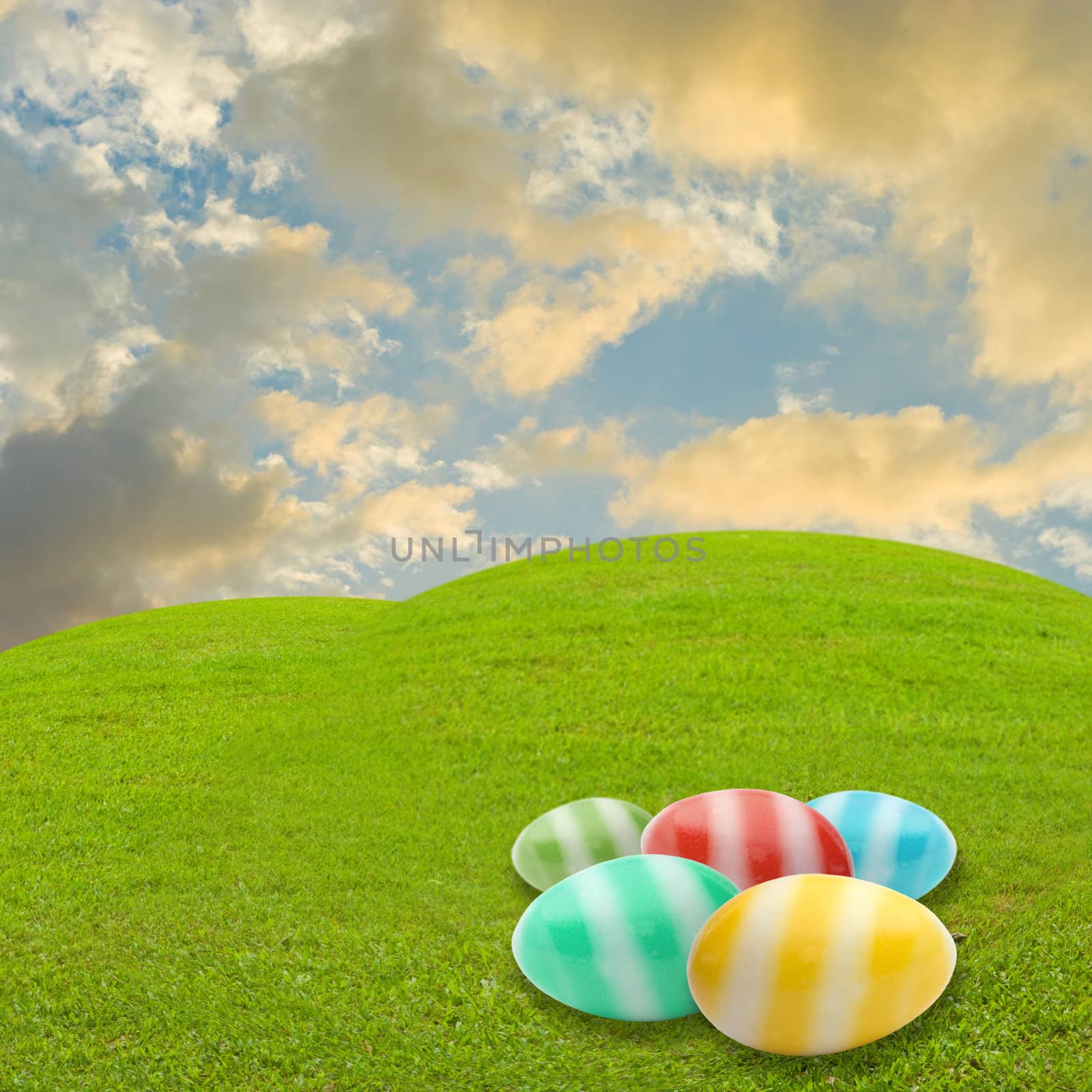 Easter egg in meadow with sky background