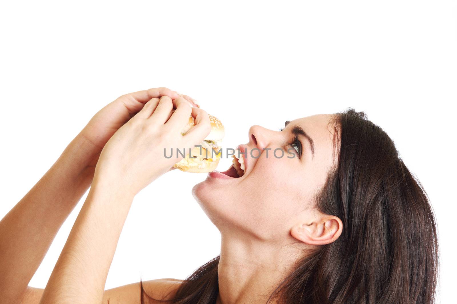 woman eat burger isolated on white background