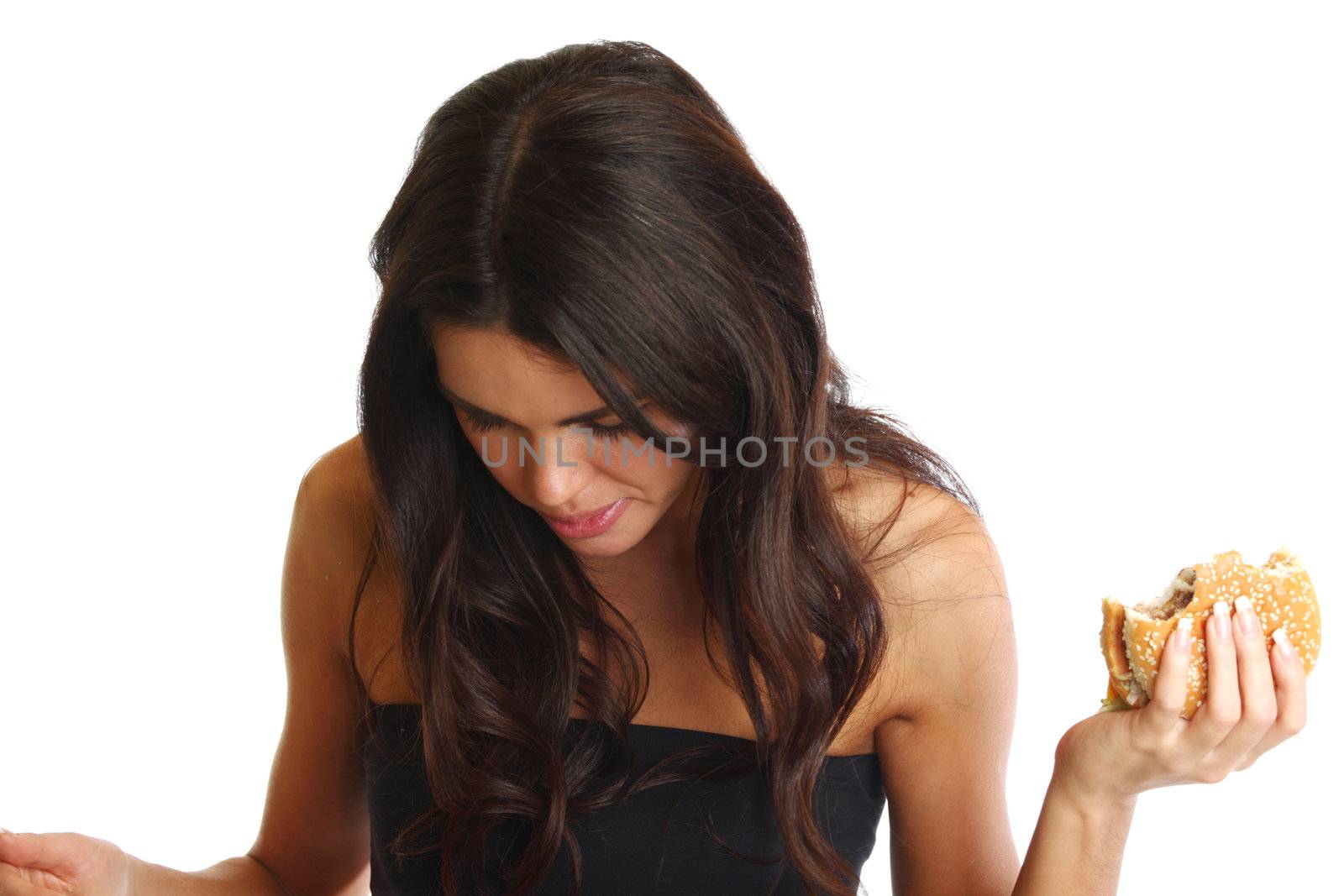 woman eat burger isolated on white background