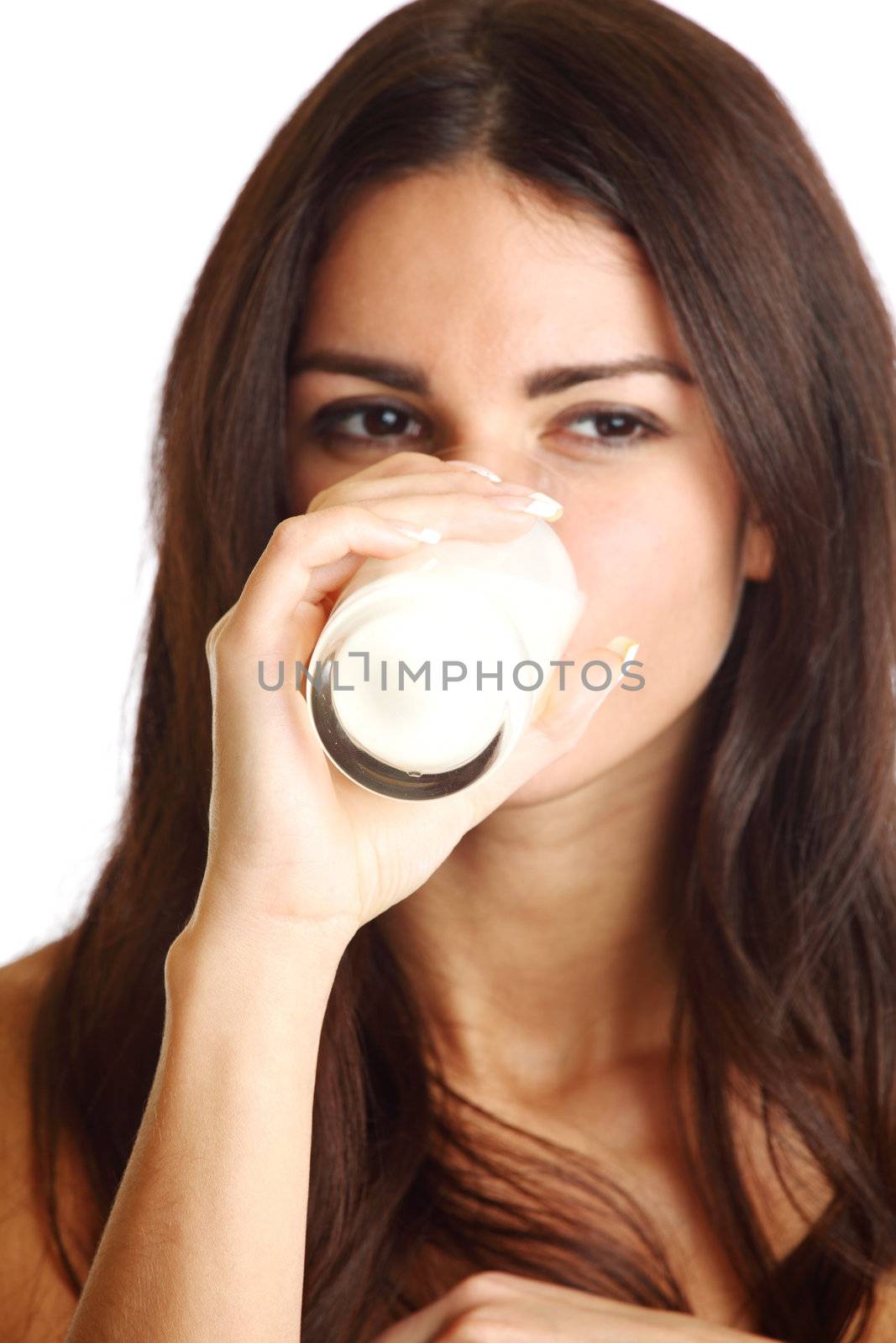 woman drink yogurt close up