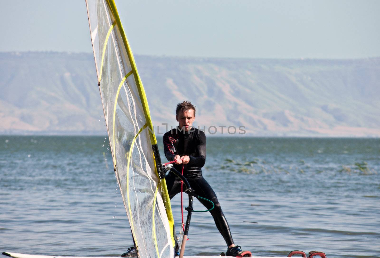 Windsurfing on Lake Kinneret. Spring. Israel.