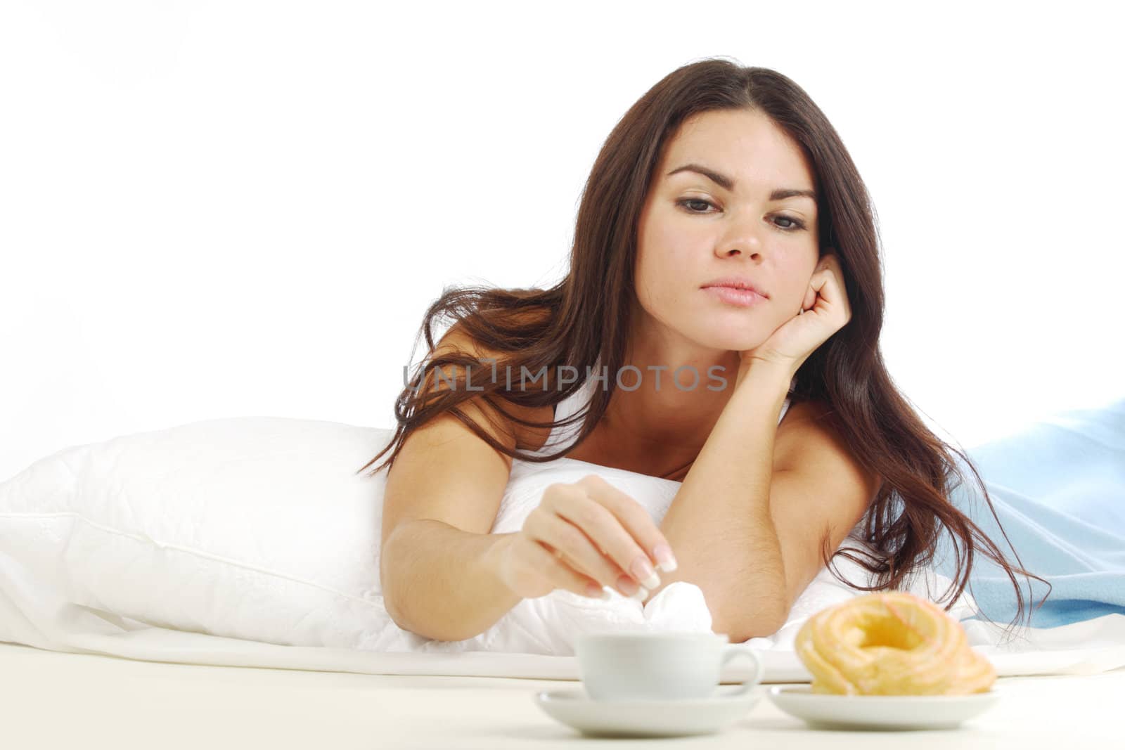 woman wake and see morning coffee