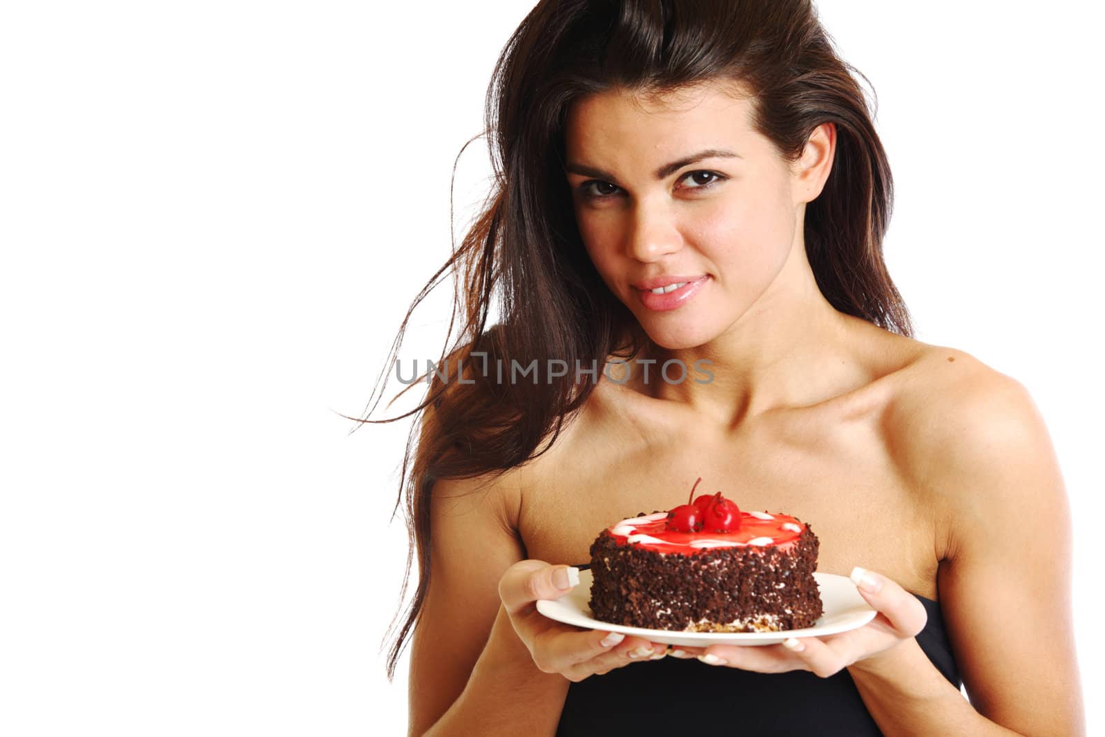 woman hold cake in hands isolated on white