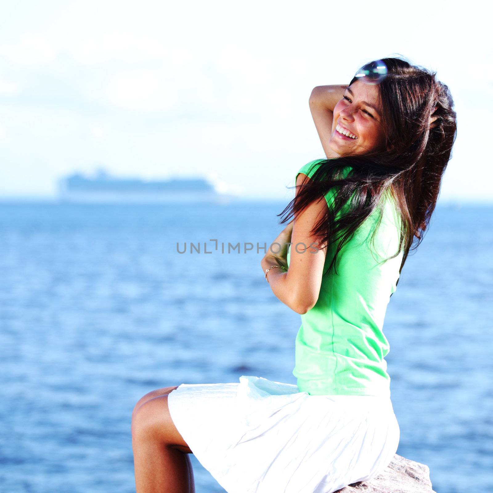 woman relax blue sea and bubbles on background