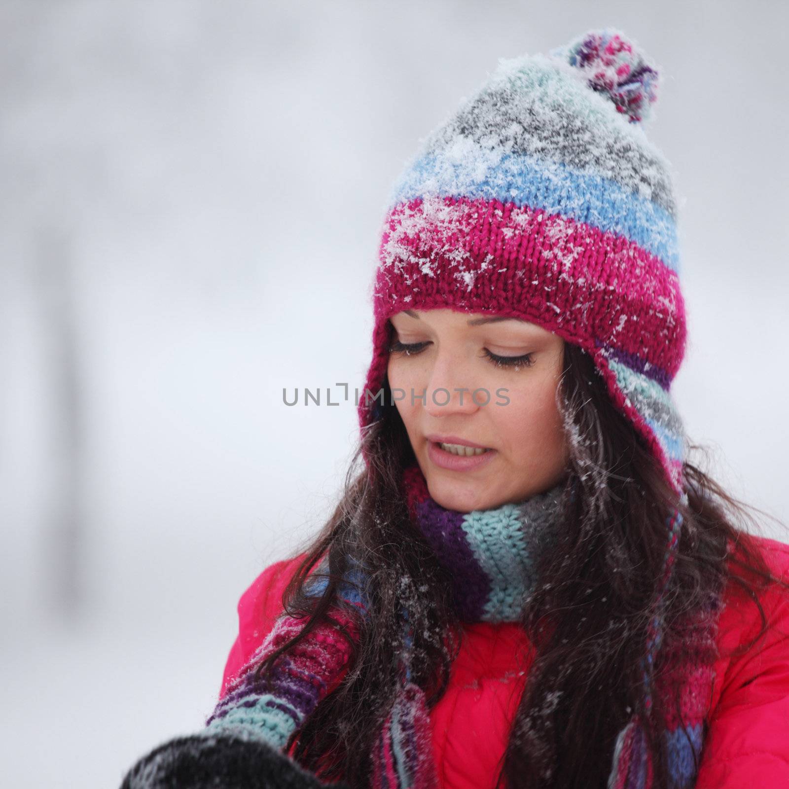 winter women close up portrait in frost forest