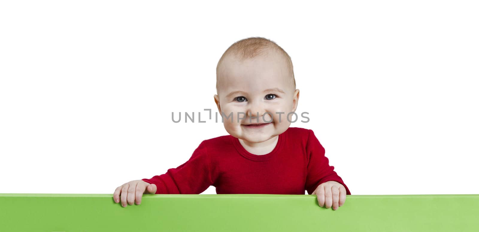 young child holding green sign. isolate on white background