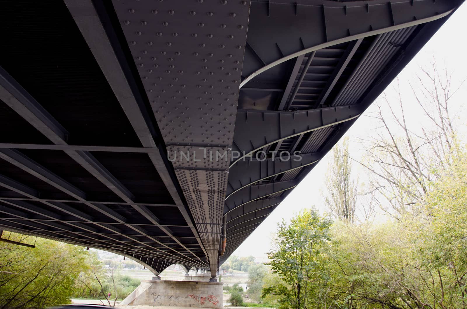 Metal construction of large bridge over river by sauletas