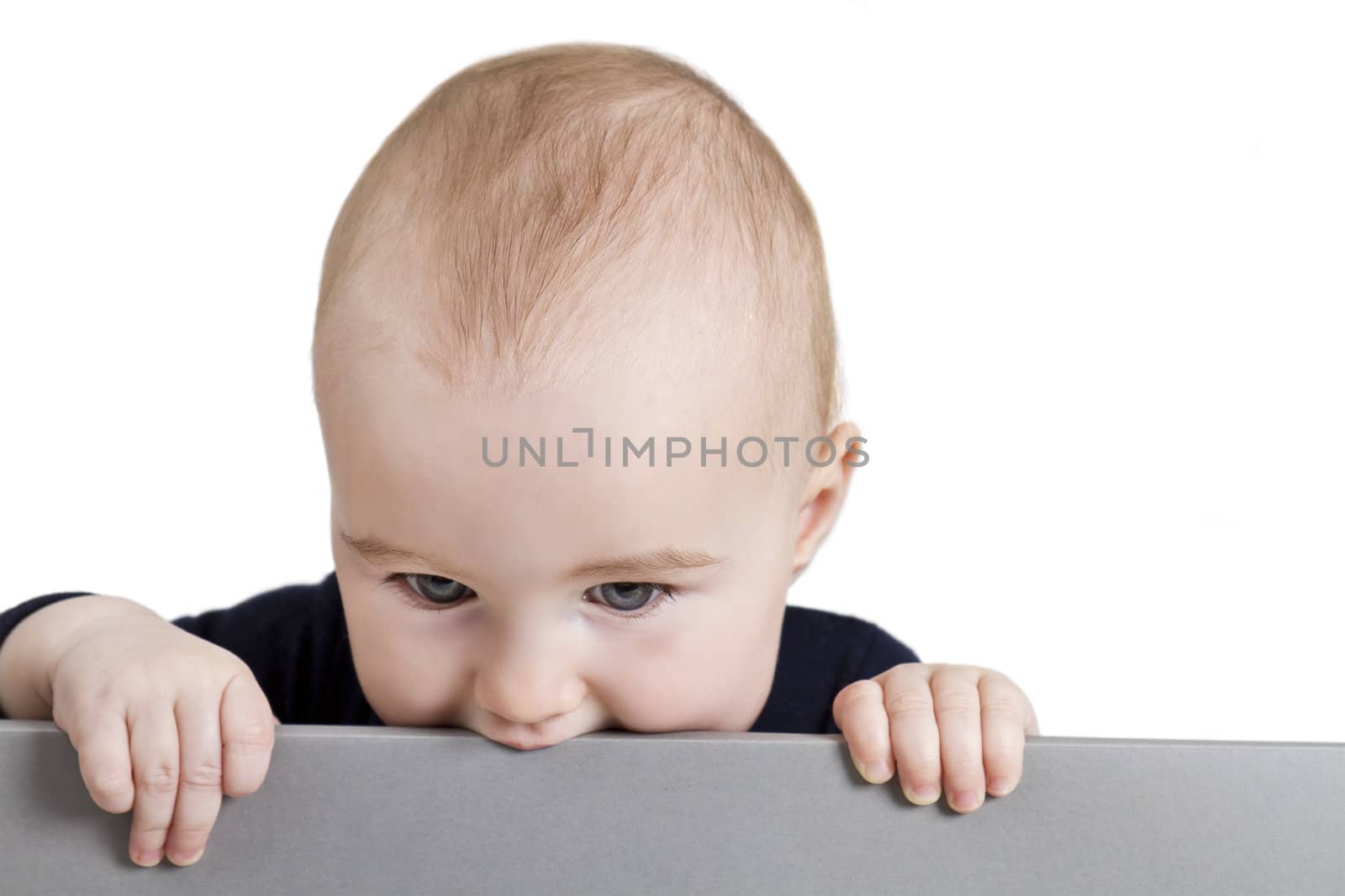 young child holding horizontal, grey sign. isolate on white background