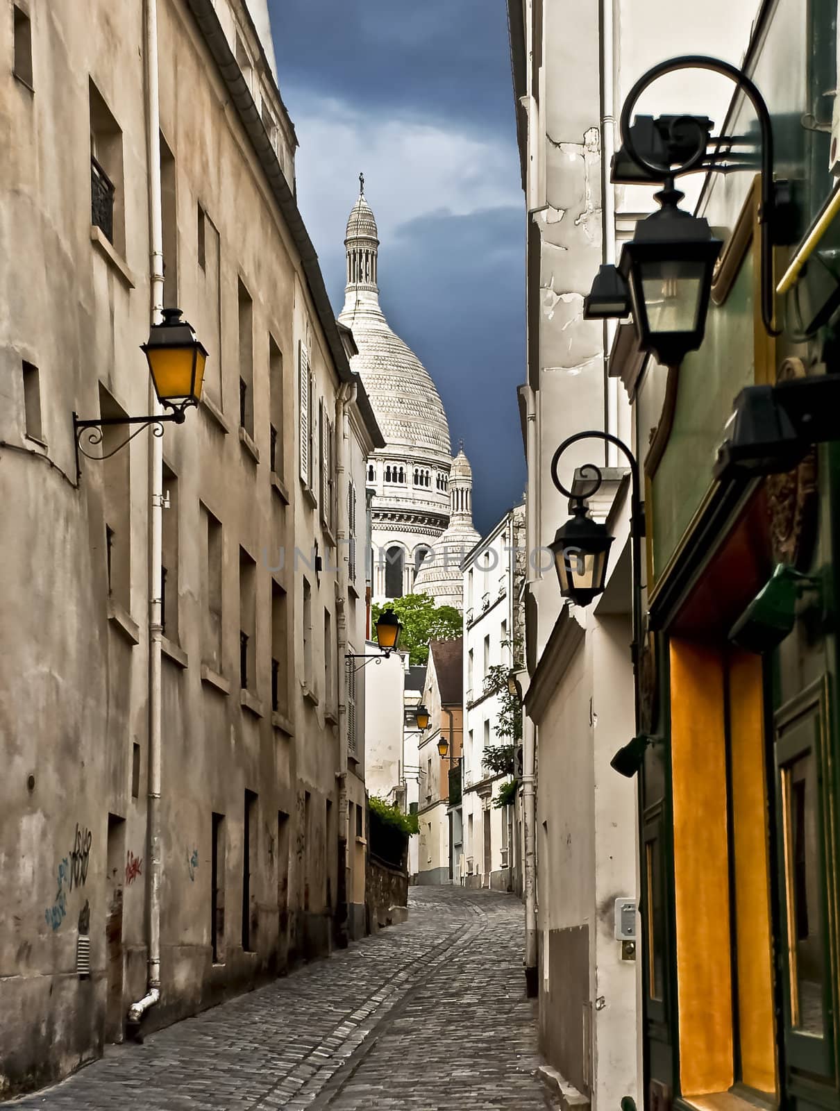 The shot was taken on a narrow street near a district of Monmartre, Paris, France