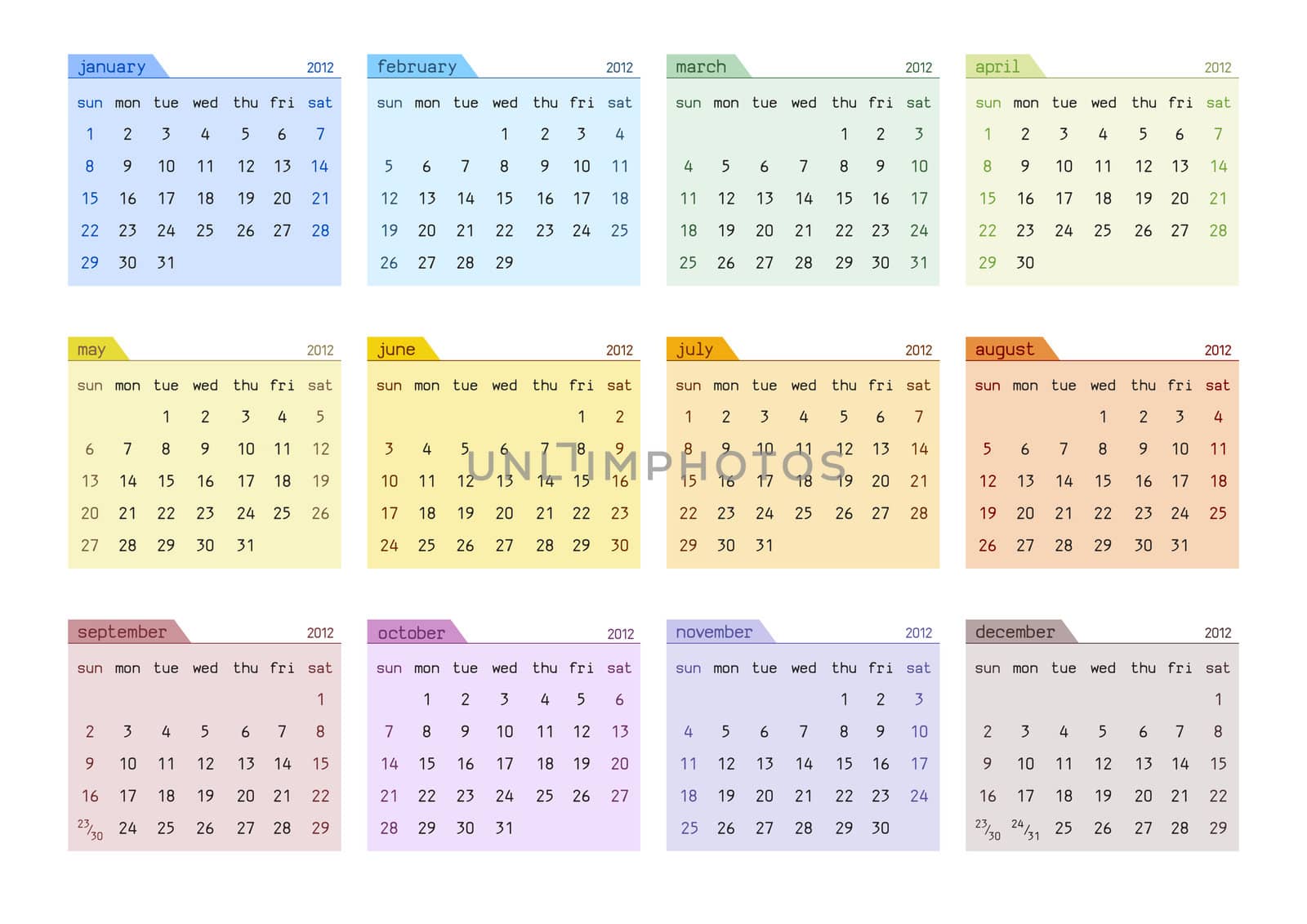 2012 Vector Calendar in 12 Twelve Colors (starts on Sunday)