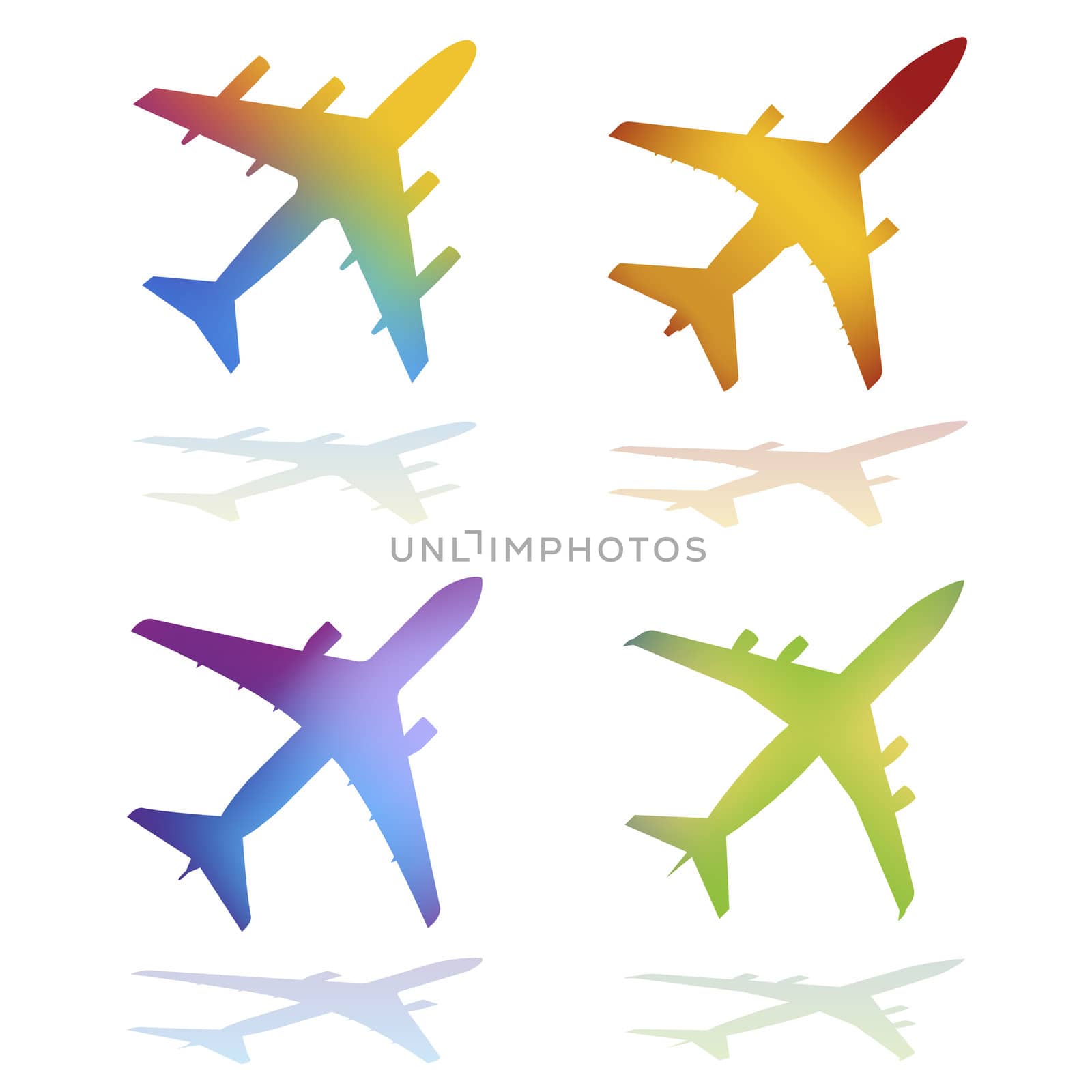 Four Gradient Color Bitmap Commercial Airplanes With Ground Shadows