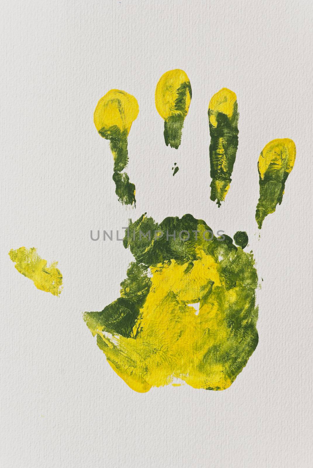 Green and Yellow Right Hand-print on Textured Paper