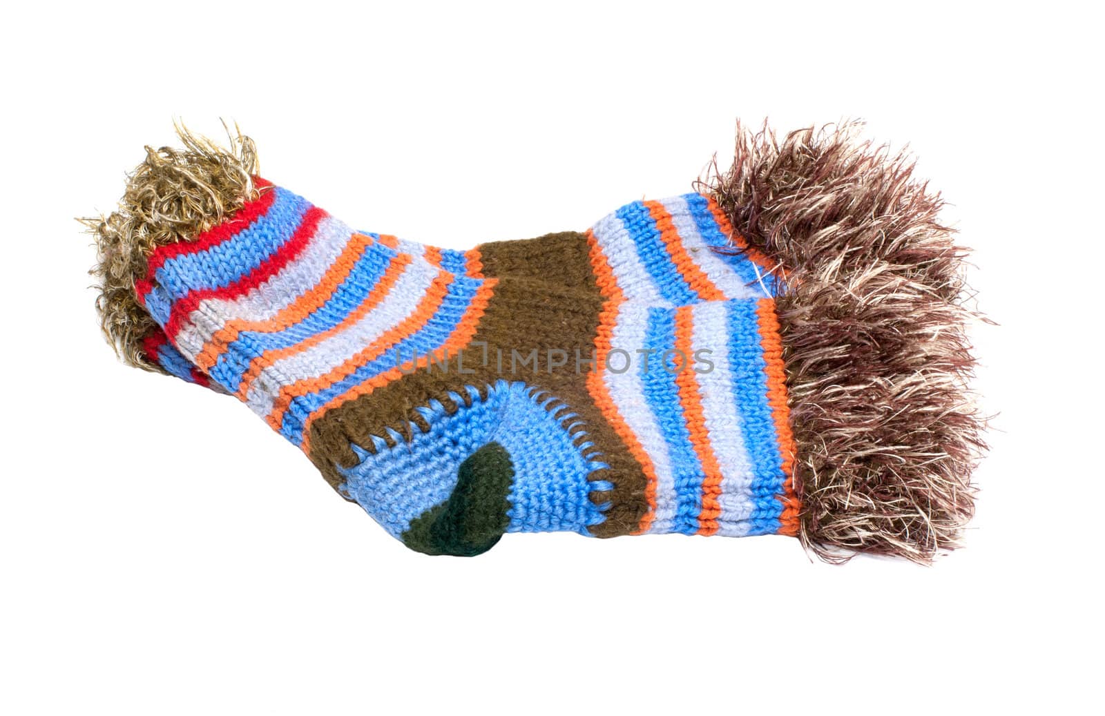 Pair of knitted woolen socks it is isolated on a white background.