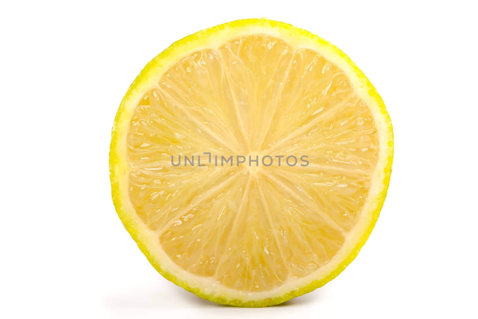 Single cross section of yellow lemon, isolated on white backgrou by motorolka