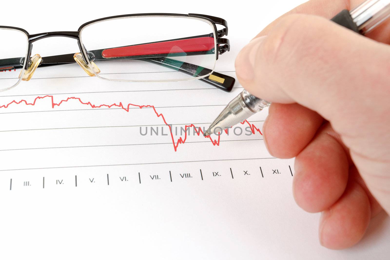 men analyzing business graph with glasses in the background, business collage