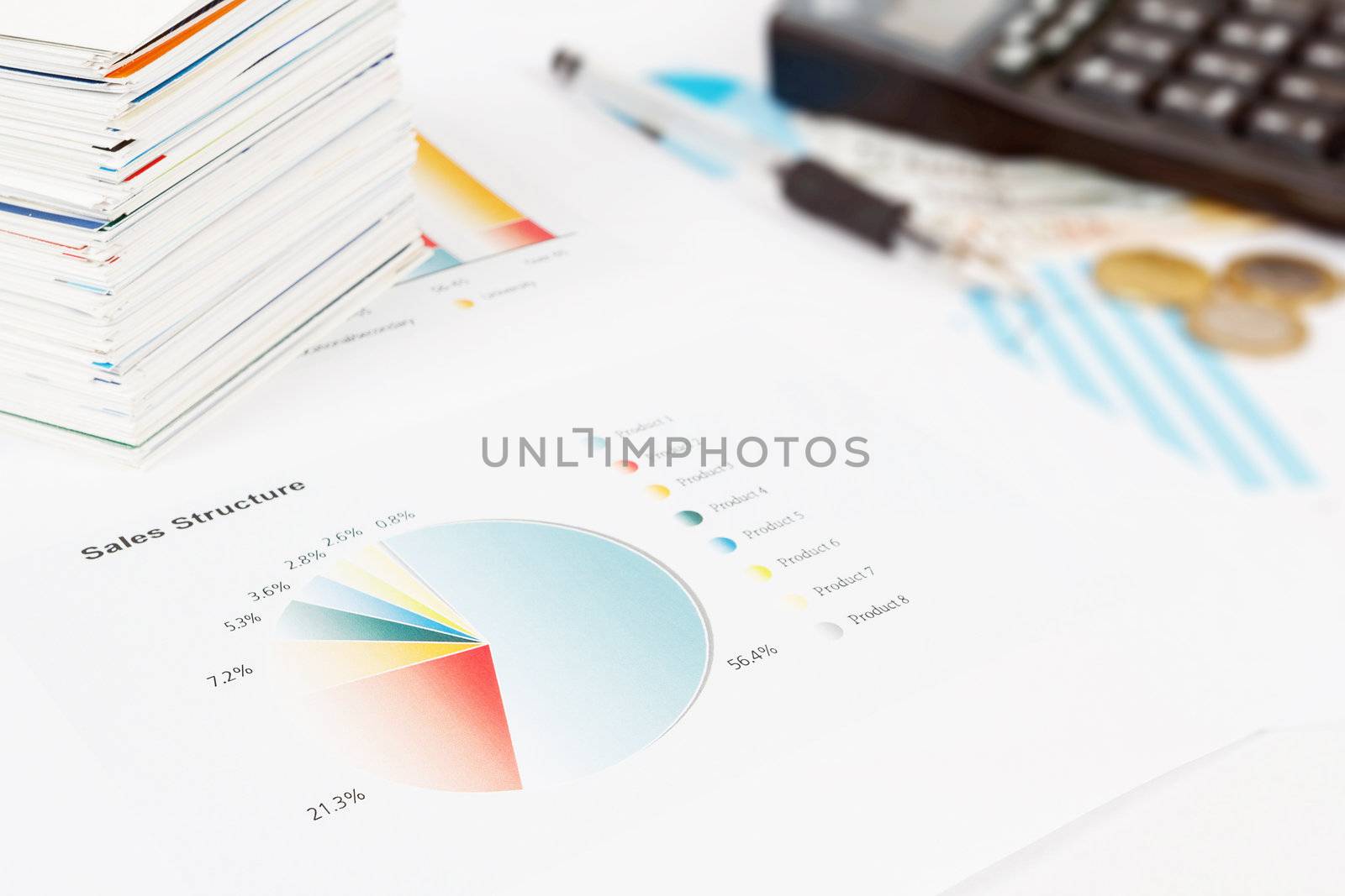 calculator, charts, pen, business cards, workplace businessman, business collage