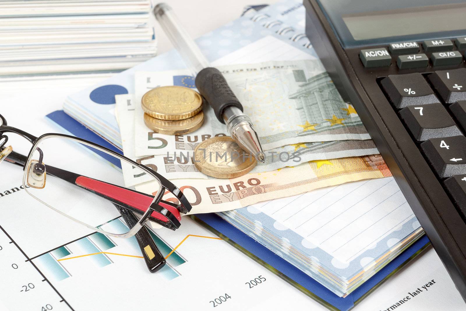 calculator, charts, pen, glass, money, notes,workplace businessman, business collage