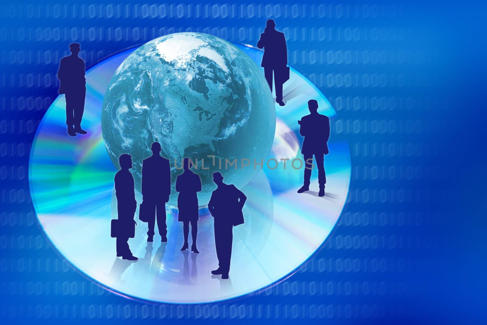 Compact disk with globe and business people silhouettes in blue colors.