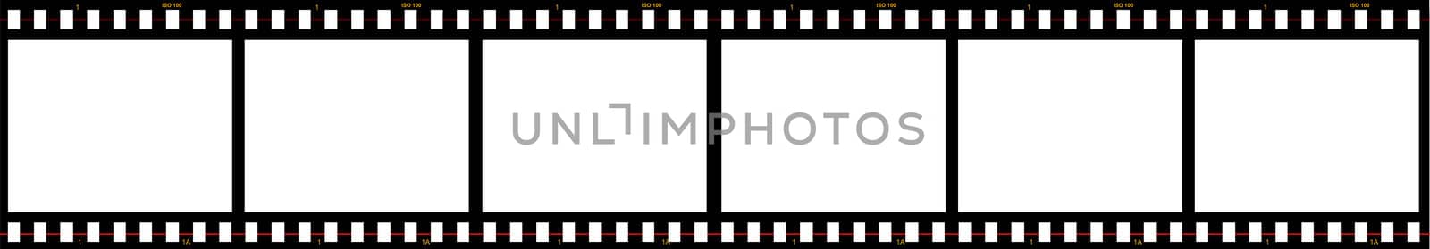 Six blank frames of film in series. The film edge also reads "ISO 100".