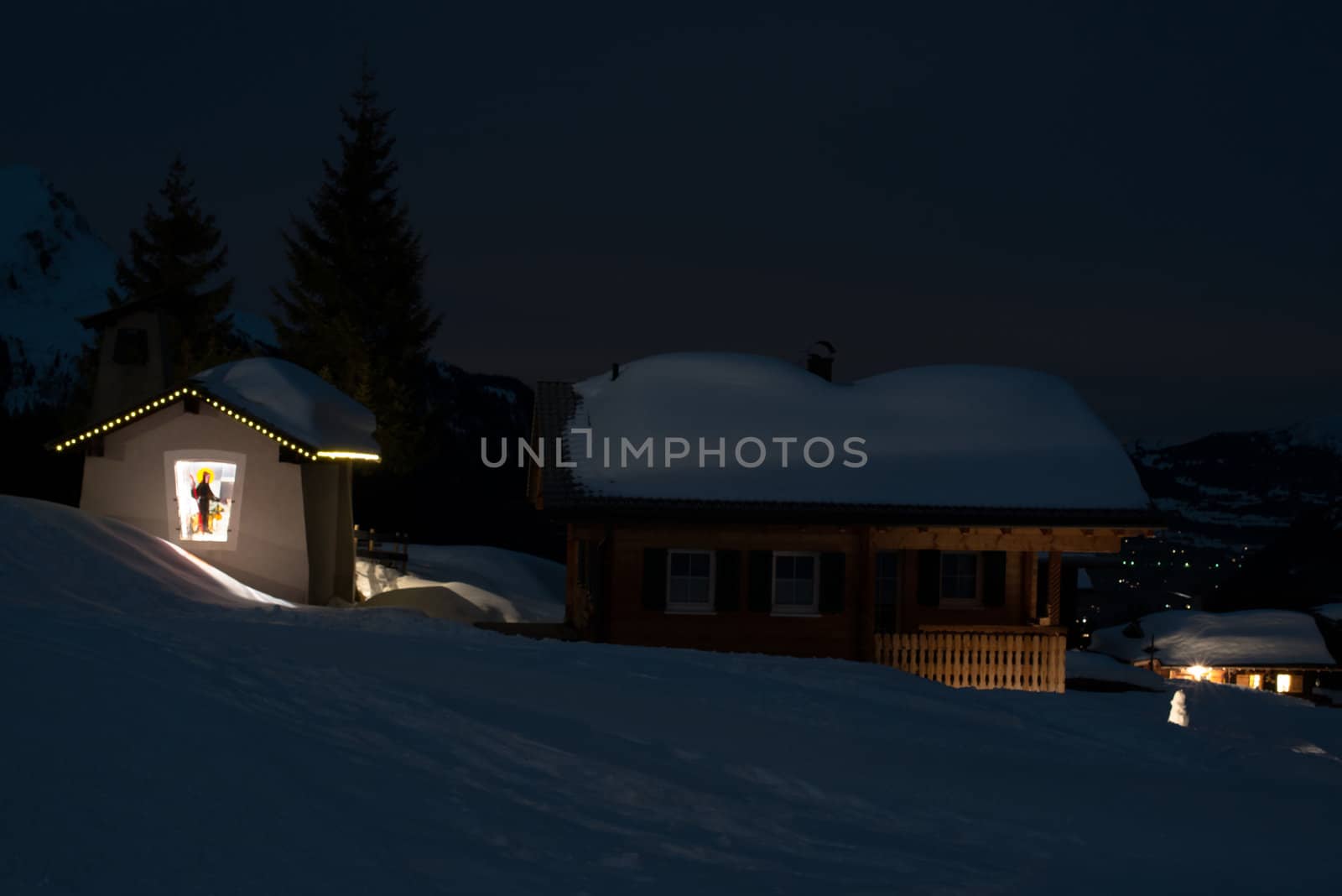 Ski village at night high on the mountains in Montafon, Austria