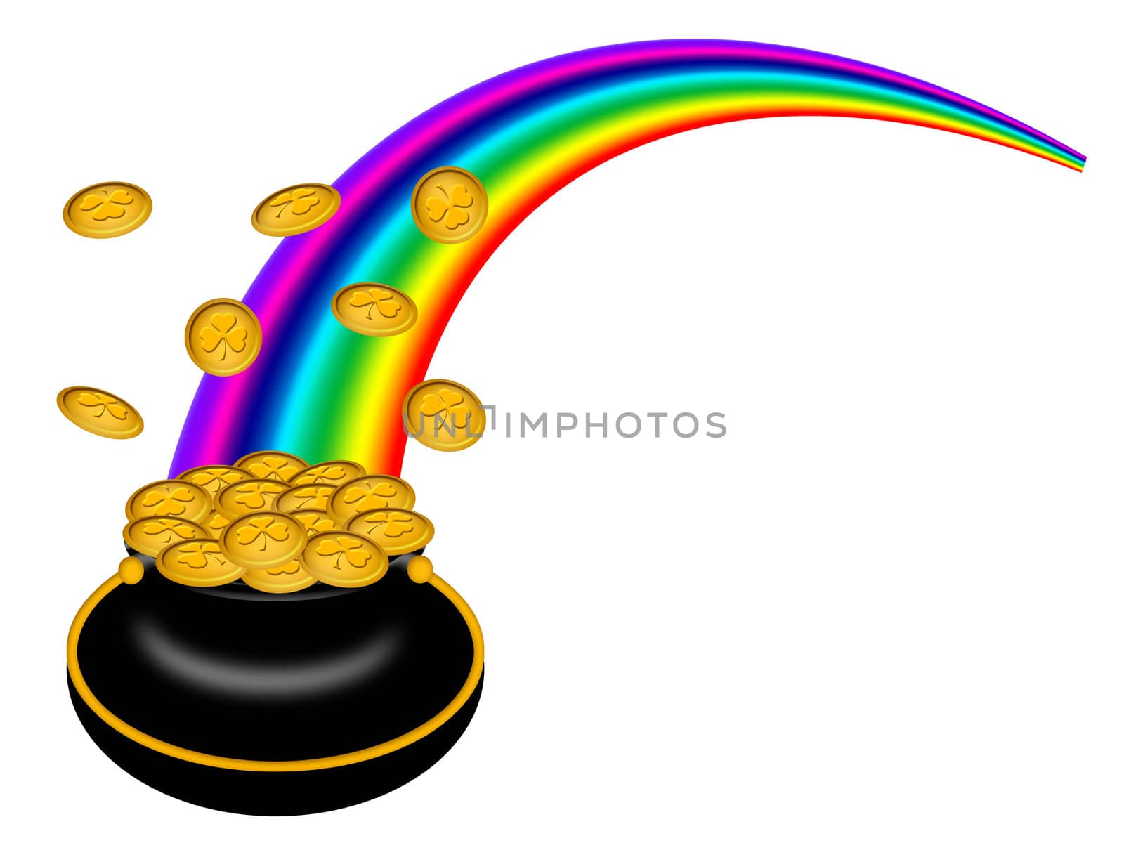 Saint Patricks Day Pot of Gold with Shamrock Coins and Rainbow Illustration