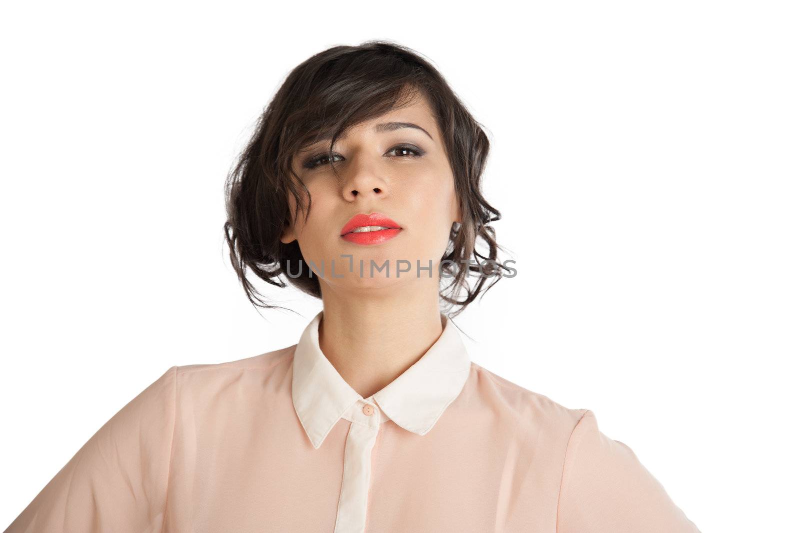 Portrait of a woman in a pink blouse on a white background isolated