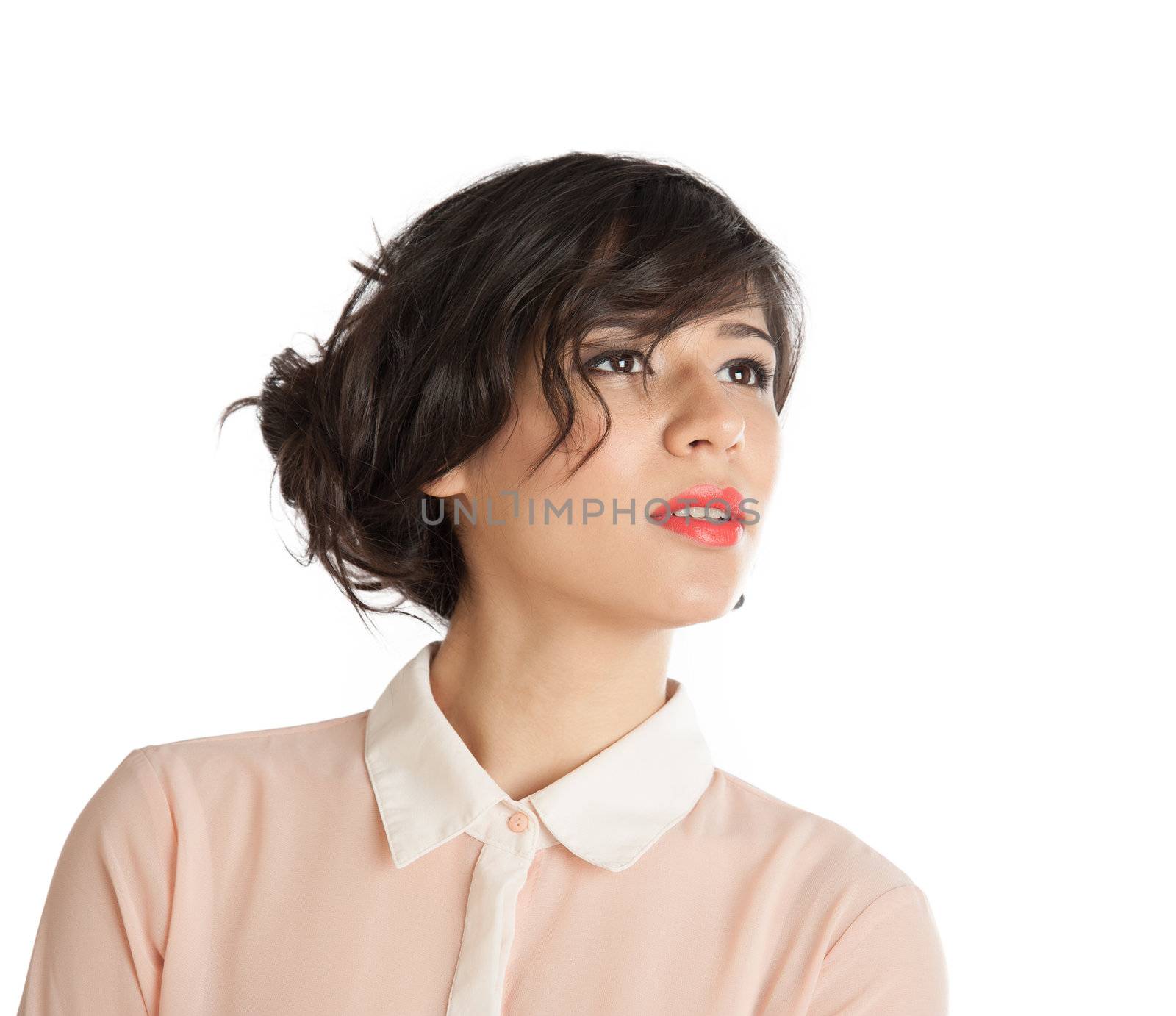 Portrait of a woman in a pink blouse on a white background isolated