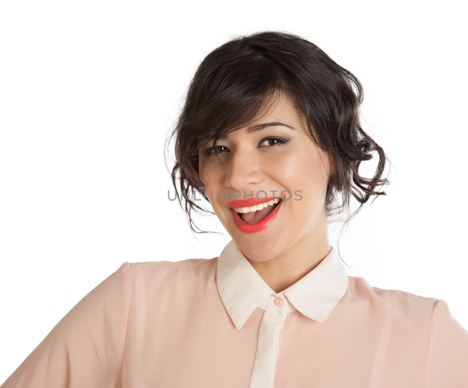 Portrait of a woman in a pink blouse on a white background isolated