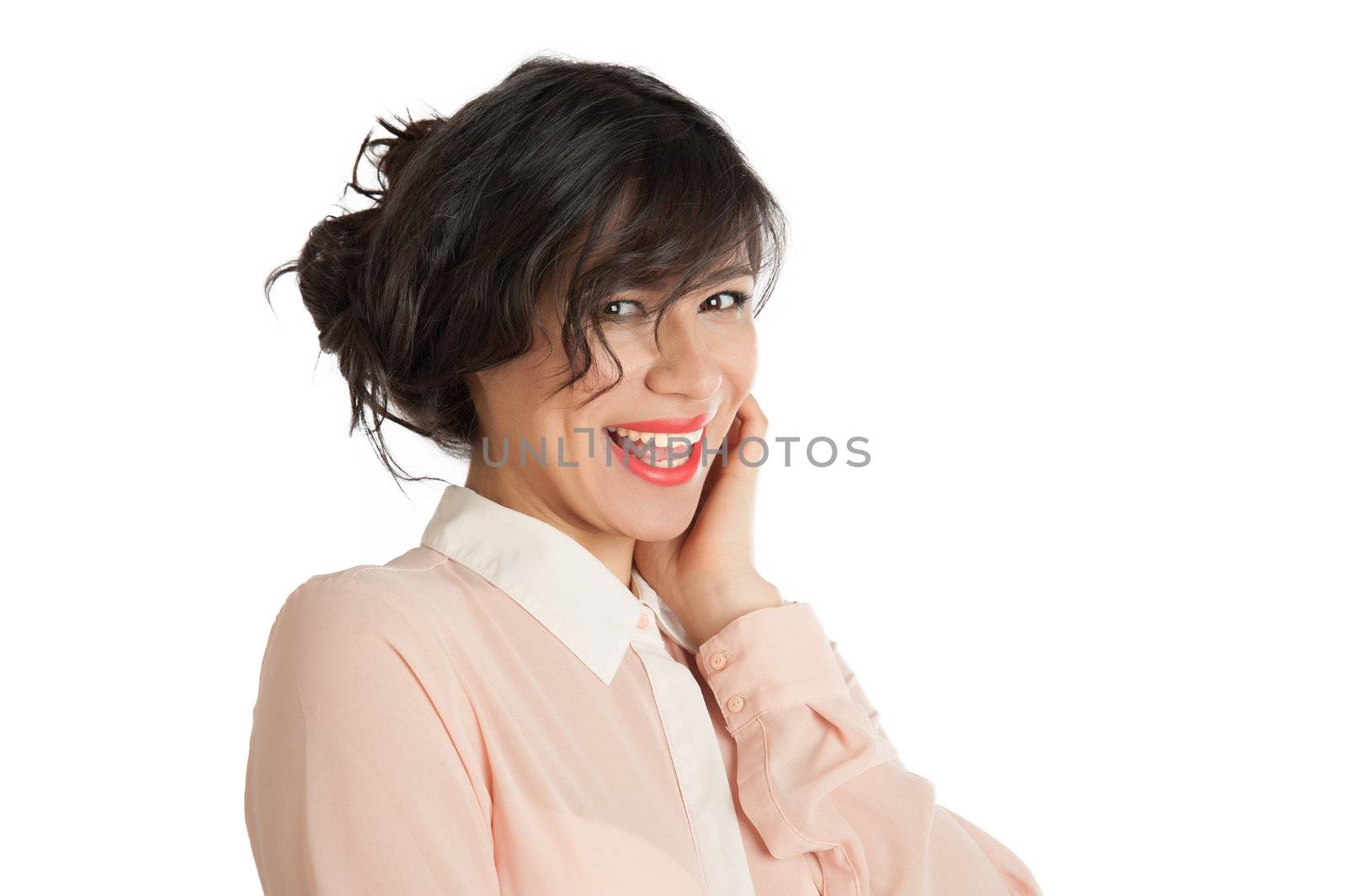 Portrait of a woman in a pink blouse on a white background isolated