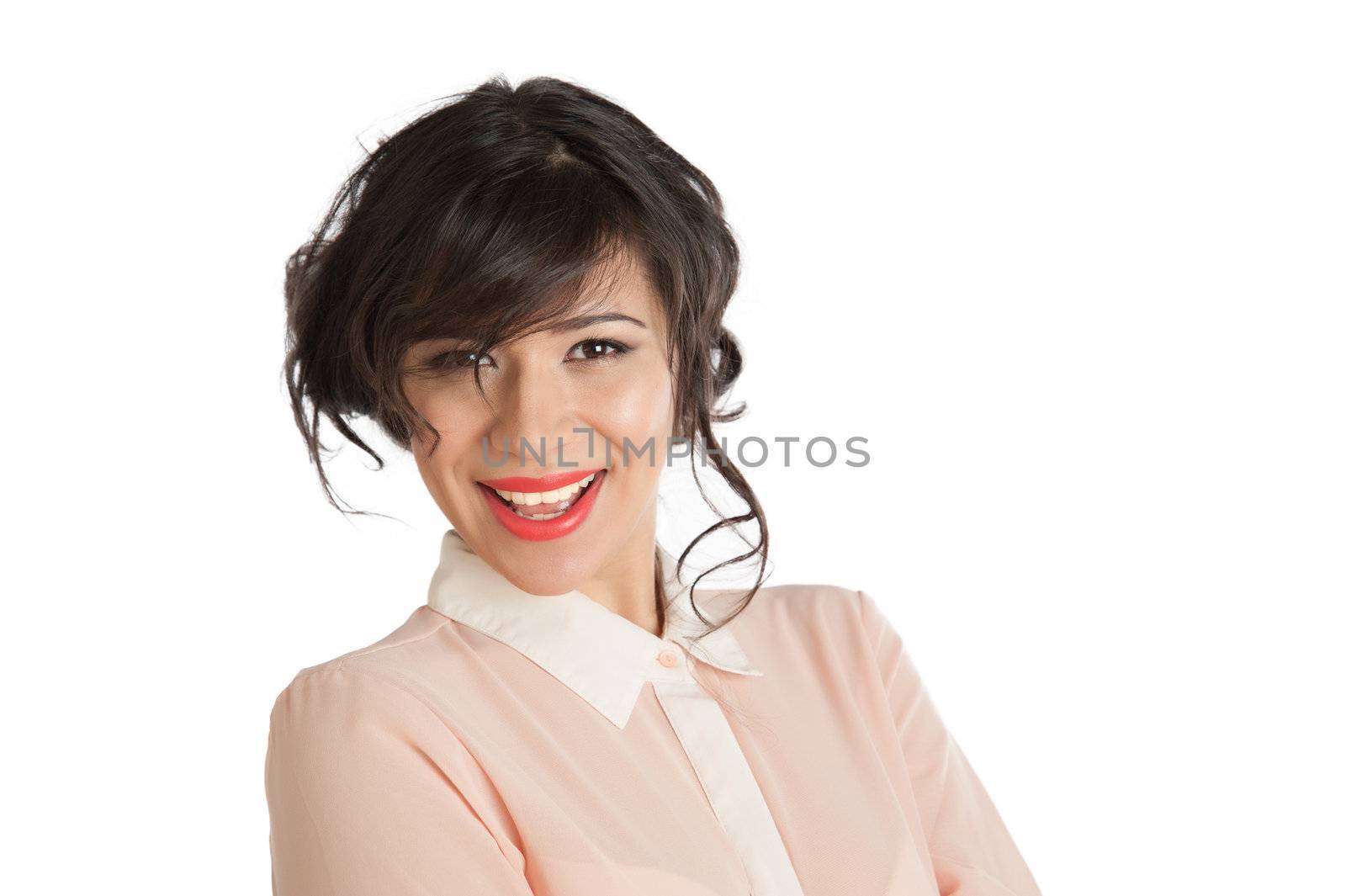 Portrait of a woman in a pink blouse on a white background isolated