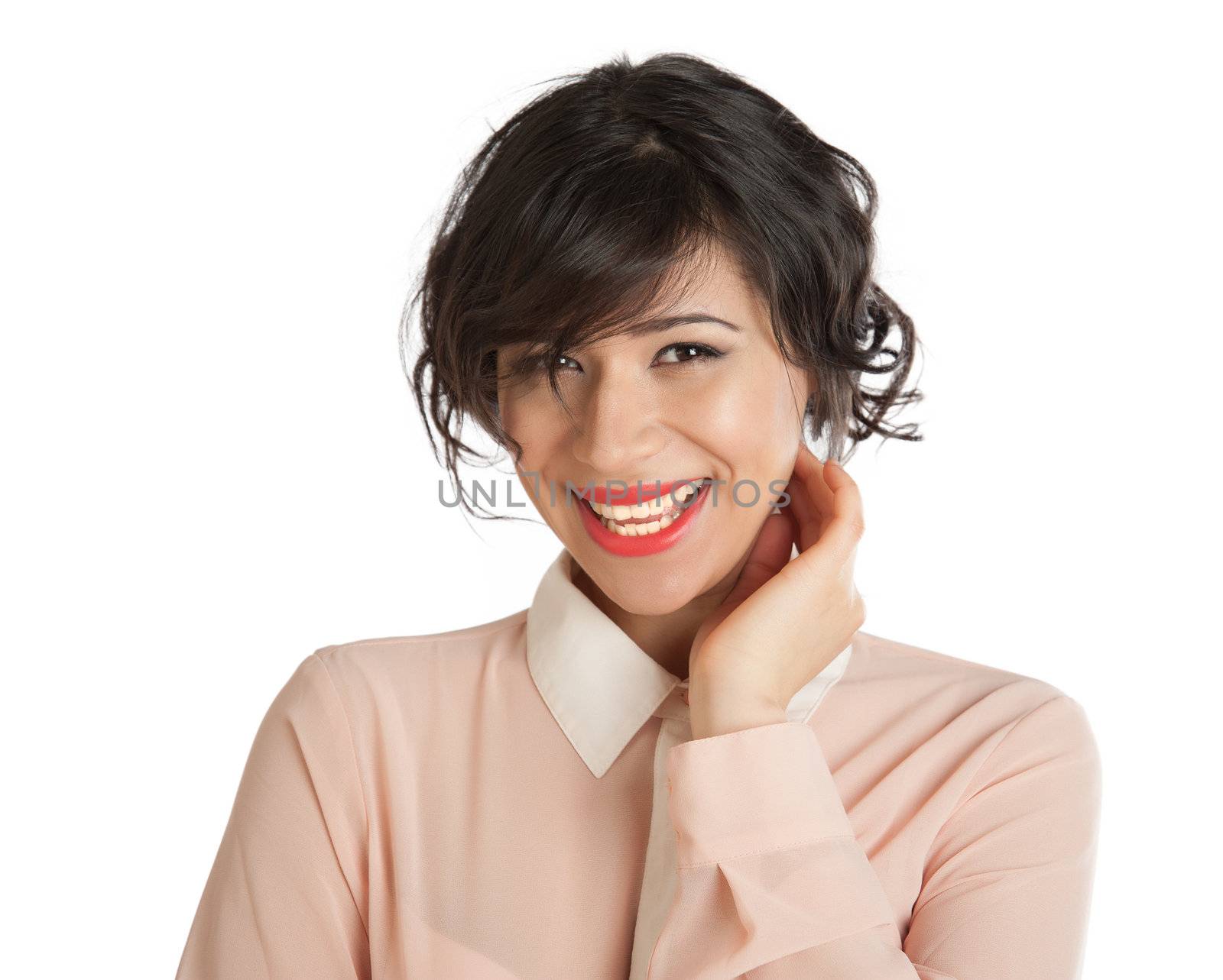 Portrait of a woman in a pink blouse on a white background isolated