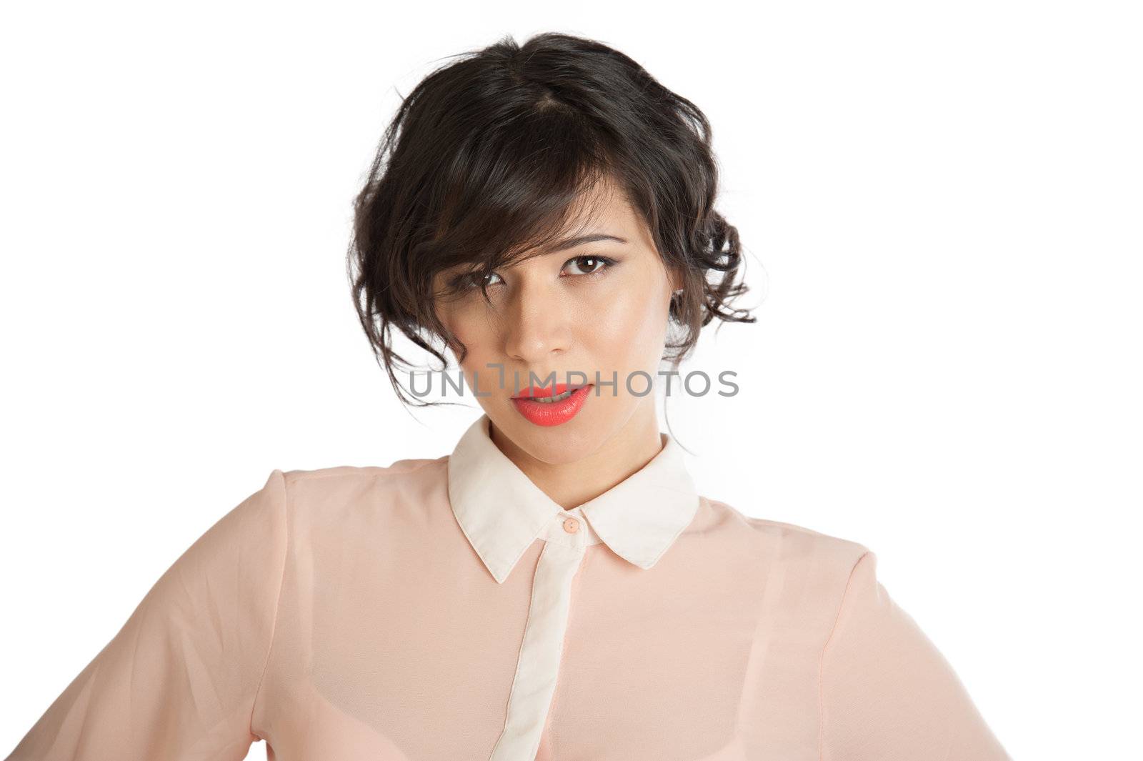 Portrait of a woman in a pink blouse on a white background isolated